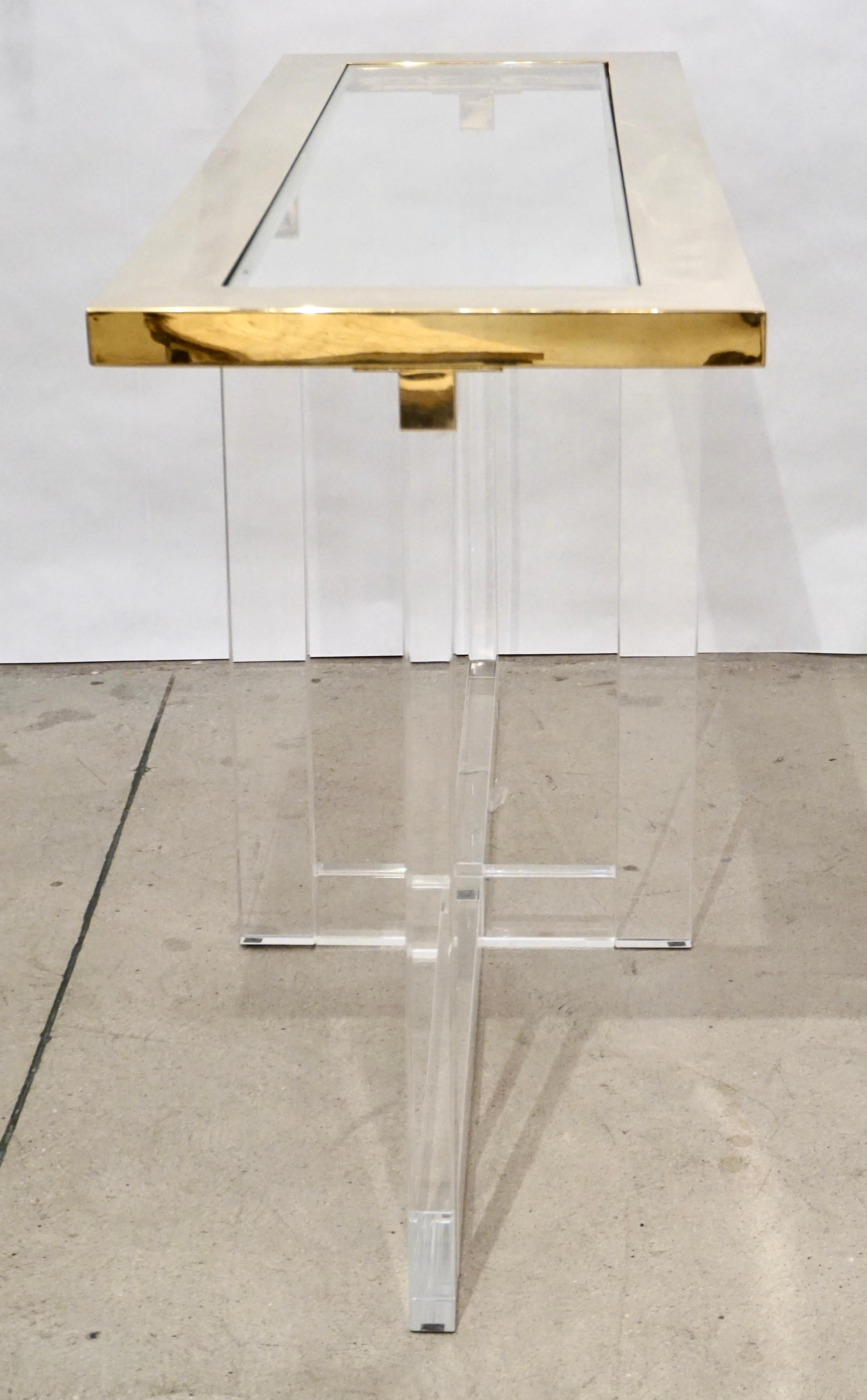 Contemporary Bespoke Modern Geometric Design Clear Lucite and Gold Steel Console 1