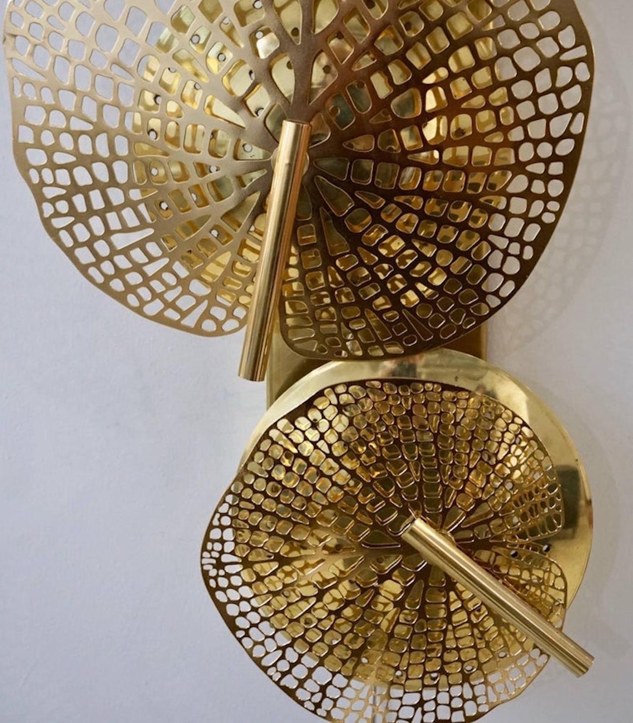 Contemporary Bespoke Organic Italian Art Design Perforated Brass Leaf Wall Light For Sale 4
