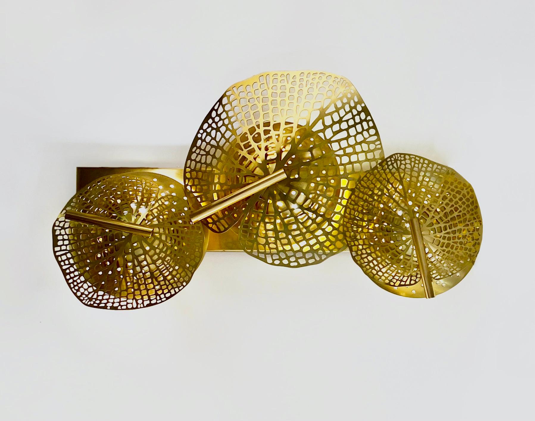 Organic Modern Contemporary Bespoke Organic Italian Art Design Perforated Brass Leaf Wall Light For Sale