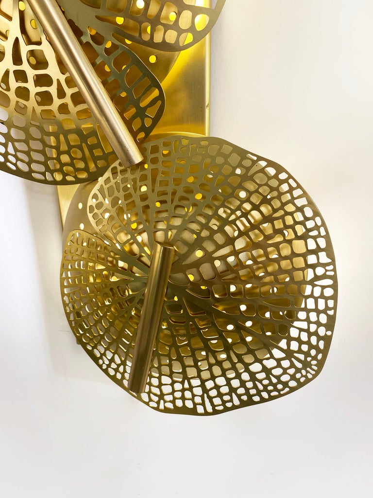 Hand-Crafted Contemporary Bespoke Organic Italian Art Design Perforated Brass Leaf Sconce For Sale