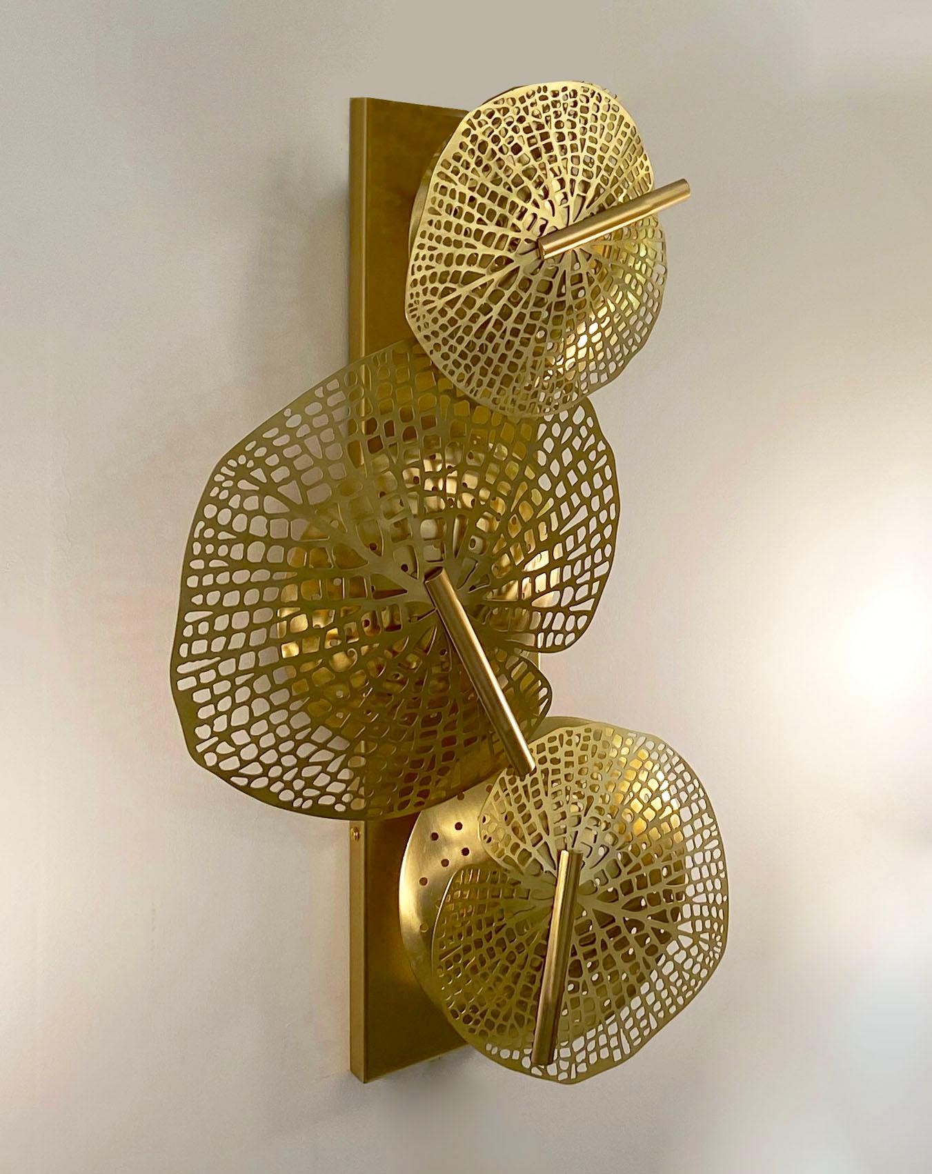 Metal Contemporary Bespoke Organic Italian Art Design Perforated Brass Leaf Sconce For Sale