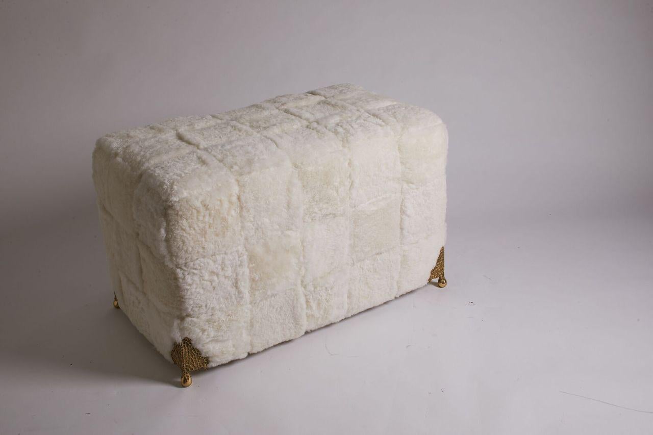 Contemporary Bespoke White Shearling Ottoman with Brass Legs 1