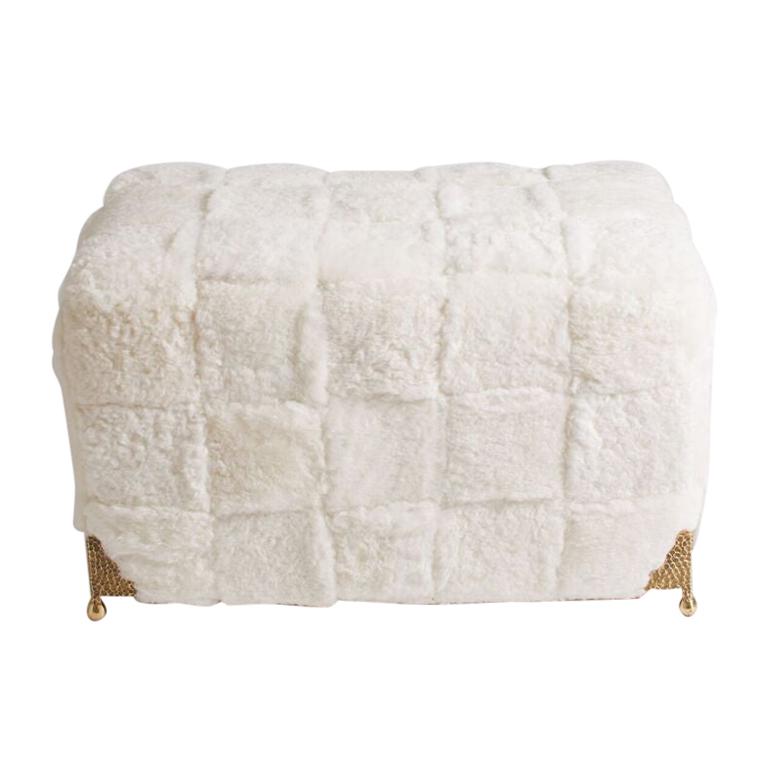 Contemporary Bespoke White Shearling Ottoman with Brass Legs