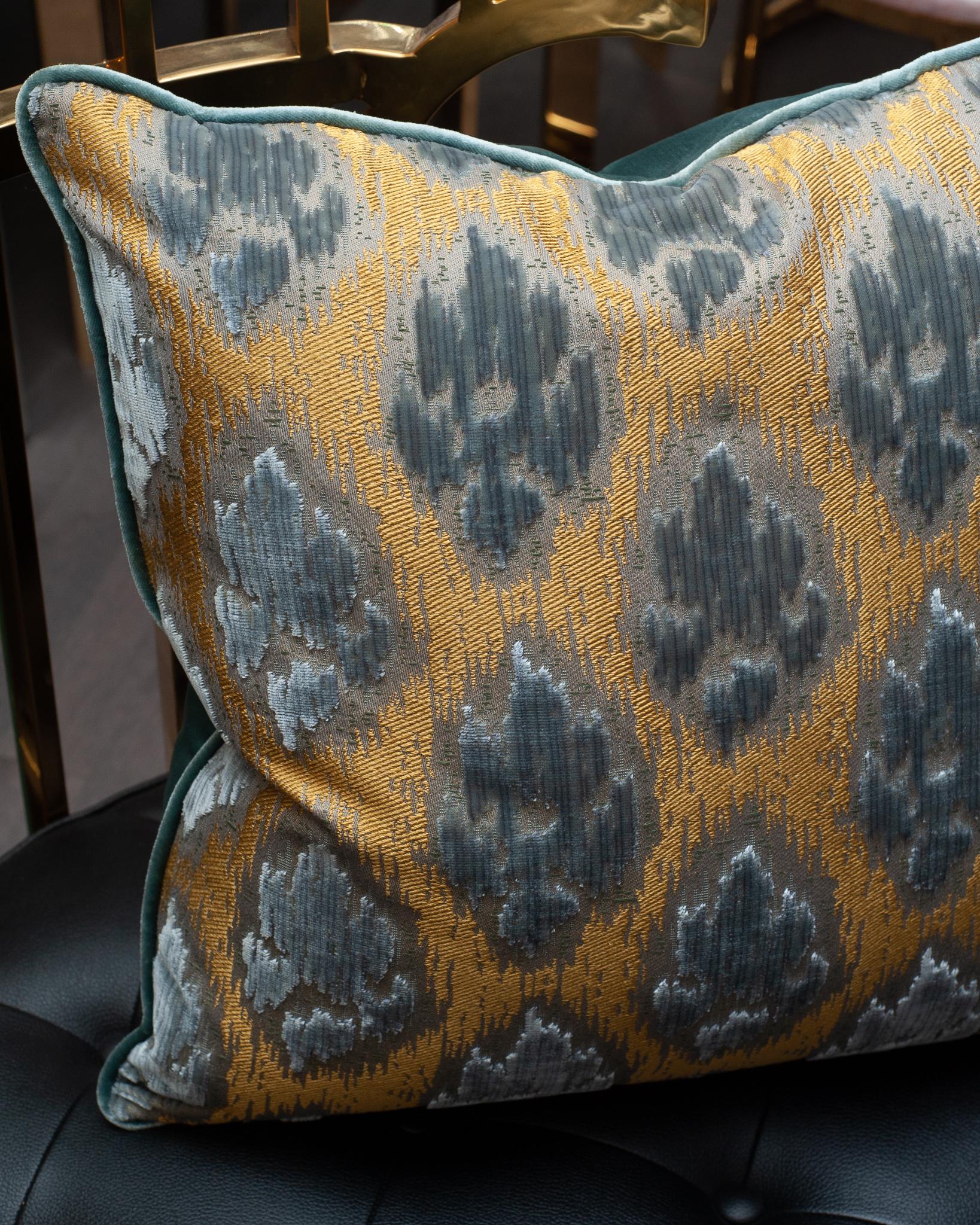 Contemporary Bevilacqua Blue Gold Silk Velvet Pillows with Piped Edge 1