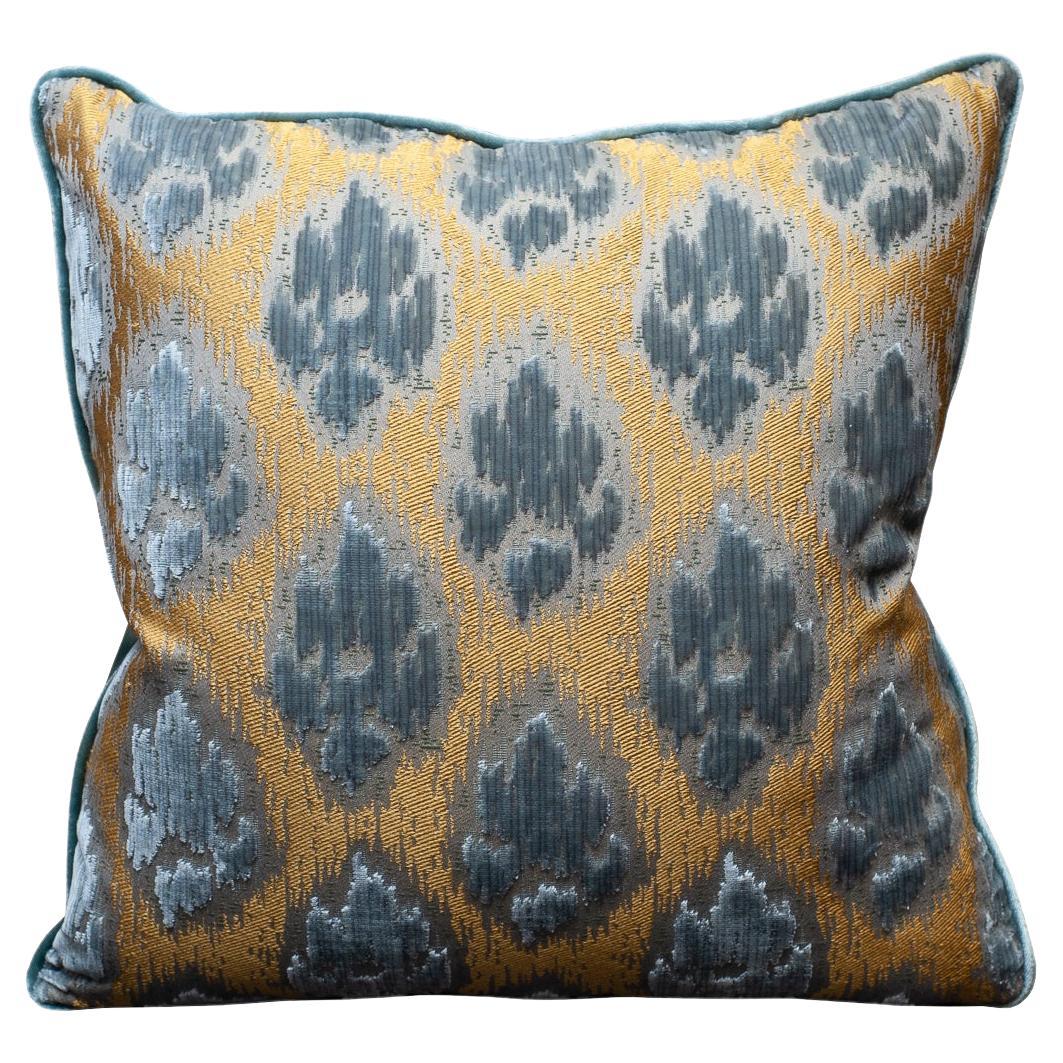 Contemporary Bevilacqua Blue Gold Silk Velvet Pillows with Piped Edge
