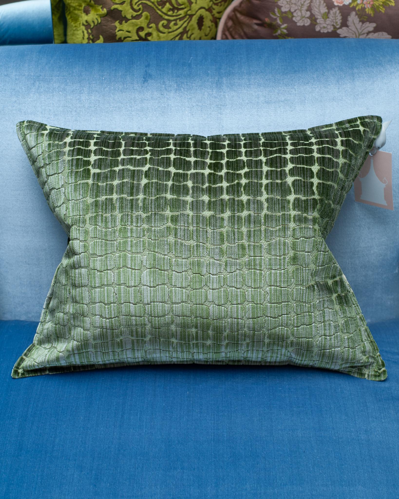 A stunning Bevilacqua Tessuti silk velvet pillow in green with crocodile pattern. Made in Bevilacqua's workshop for Maison Nurita, this luxurious pillow is backed in Bevilacqua creme silk moiré. Filled with the highest quality down and feather