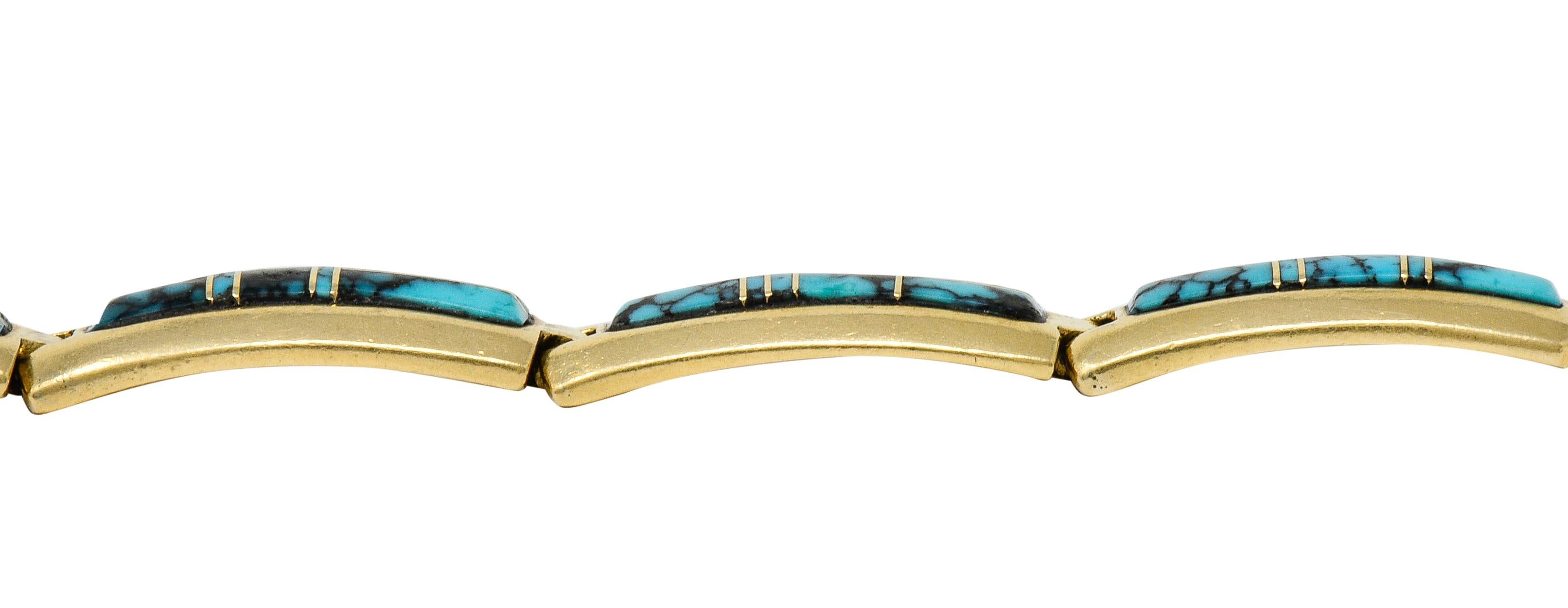 Contemporary B.G. Mudd Turquoise Inlay 14 Karat Gold Link Bracelet 3