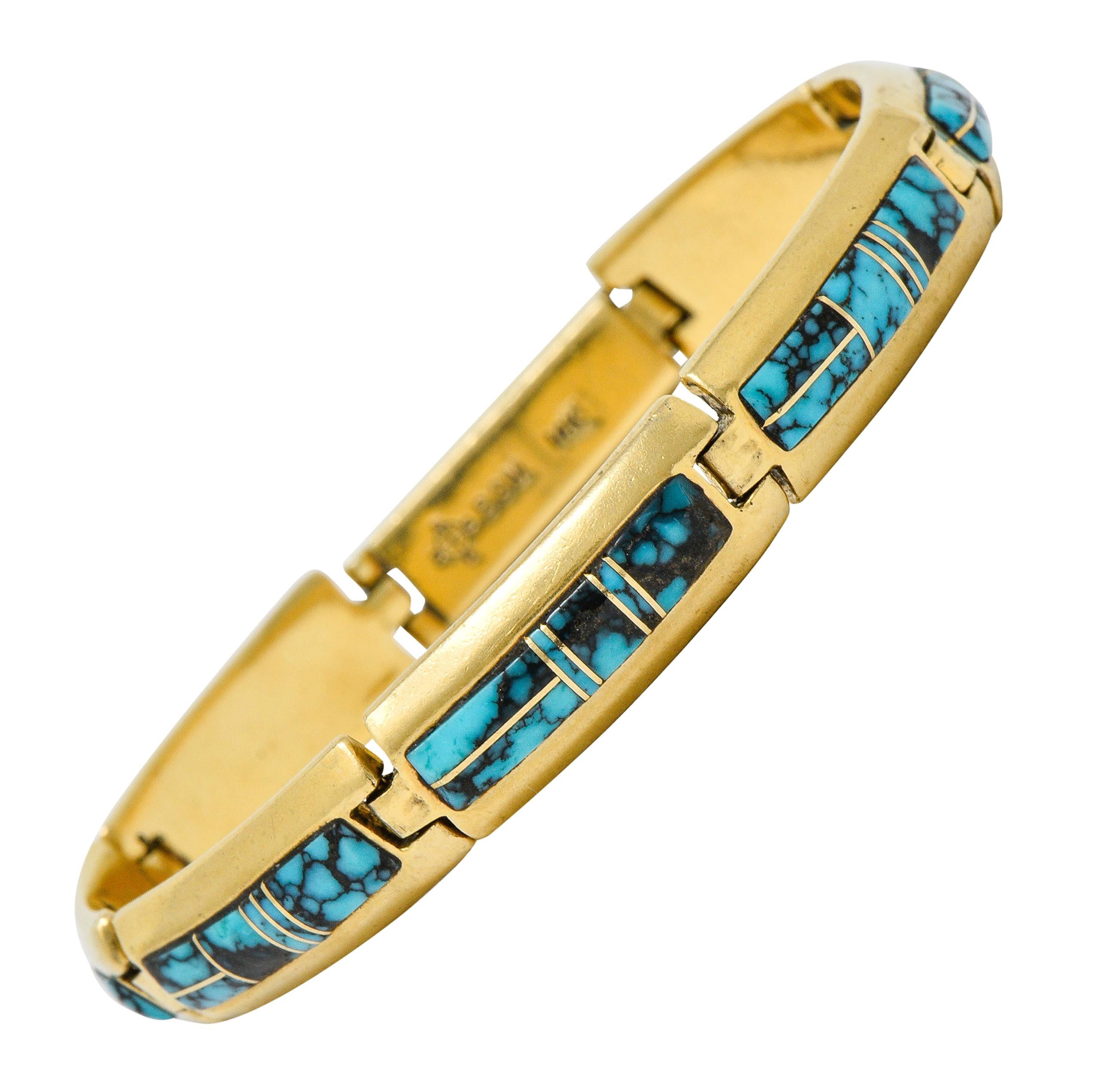 Contemporary B.G. Mudd Turquoise Inlay 14 Karat Gold Link Bracelet 4