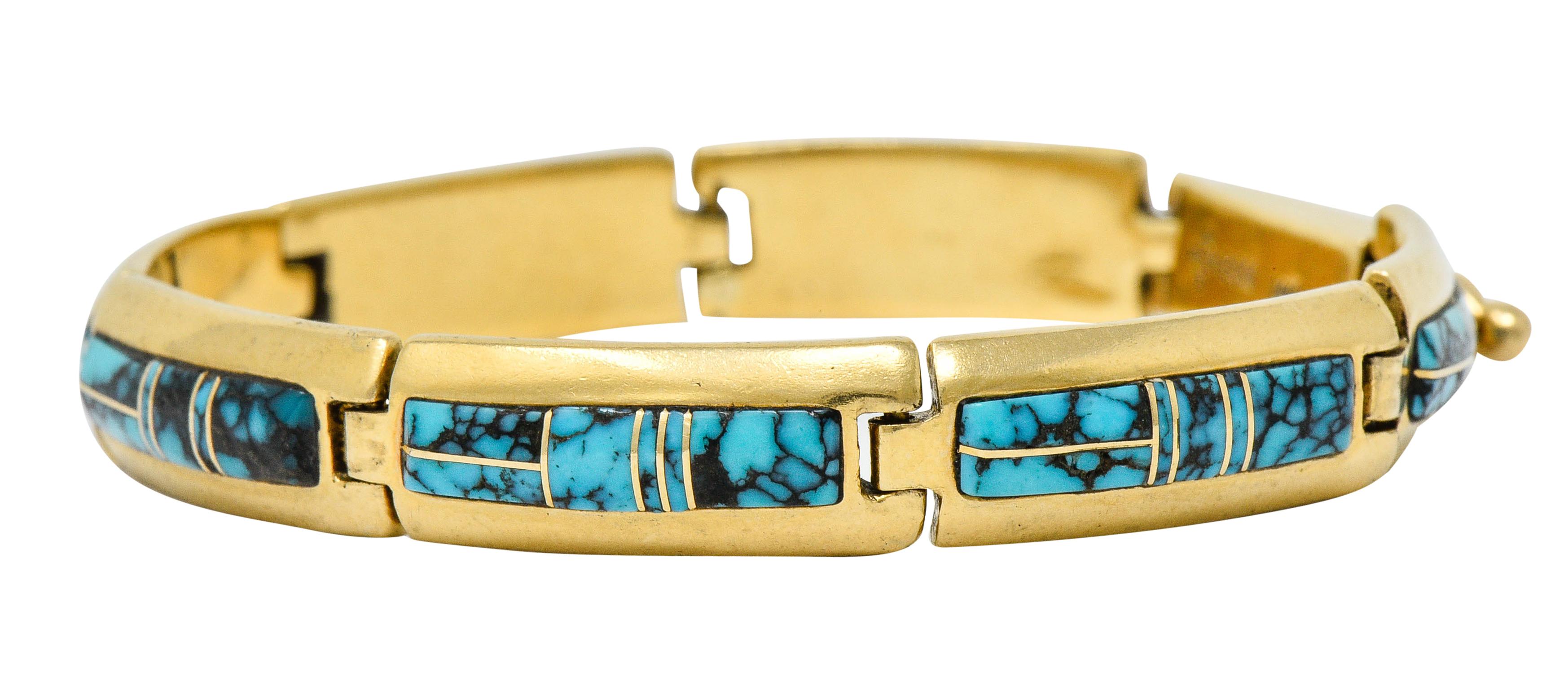 Contemporary B.G. Mudd Turquoise Inlay 14 Karat Gold Link Bracelet 5