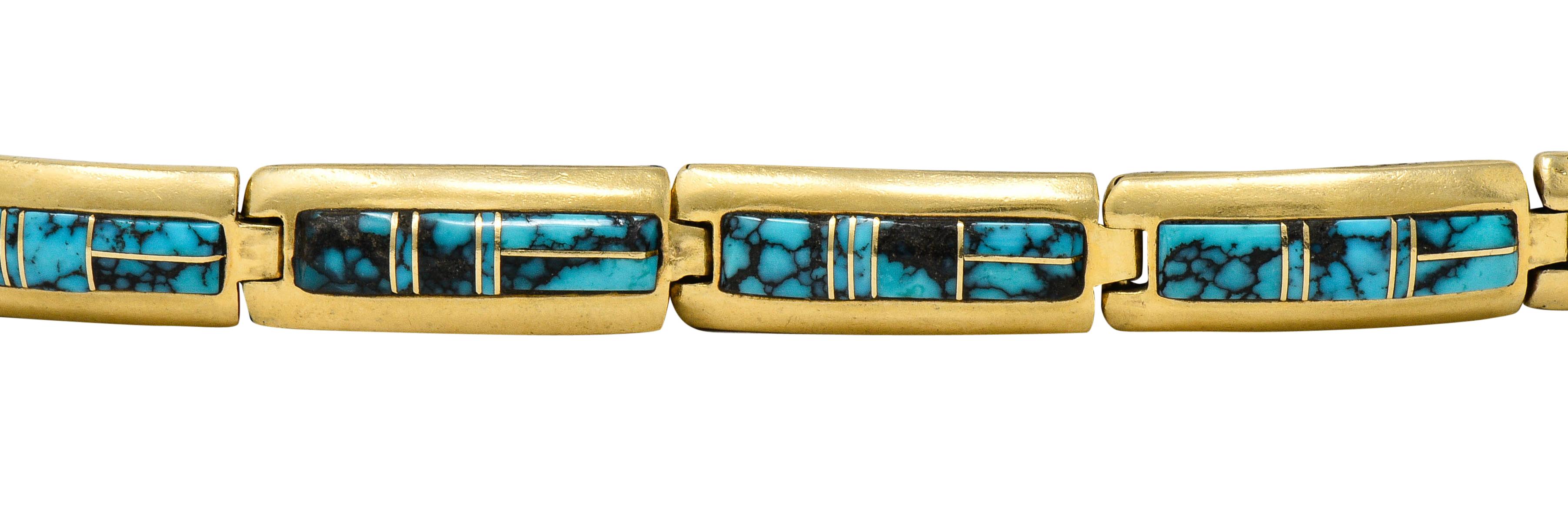 Contemporary B.G. Mudd Turquoise Inlay 14 Karat Gold Link Bracelet In Excellent Condition In Philadelphia, PA
