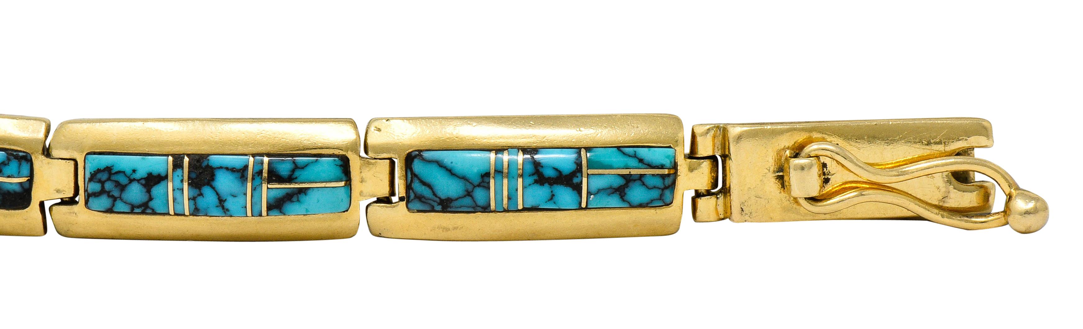 Women's or Men's Contemporary B.G. Mudd Turquoise Inlay 14 Karat Gold Link Bracelet