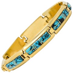 Contemporary B.G. Mudd Turquoise Inlay 14 Karat Gold Link Bracelet