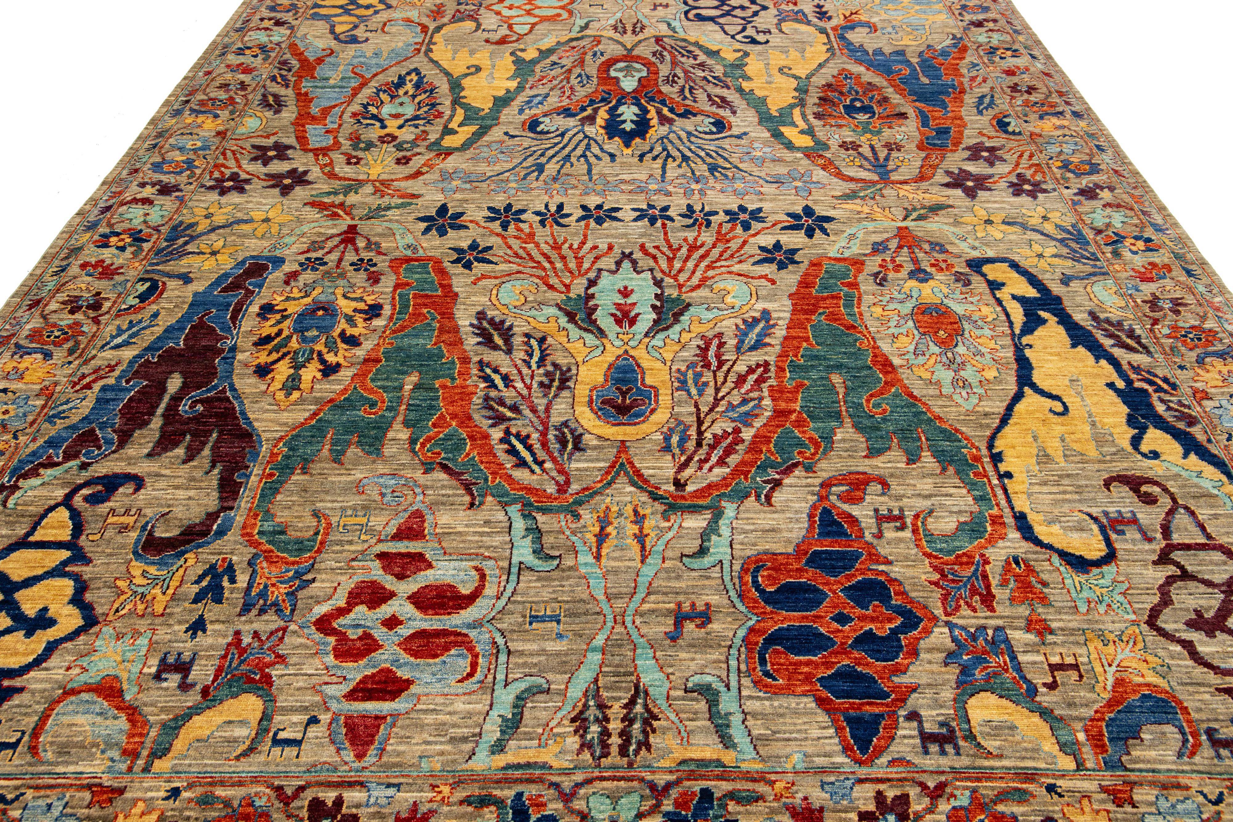 Contemporary Bidjar Style Wool Rug Beige Handmade with Allover Motif For Sale 4