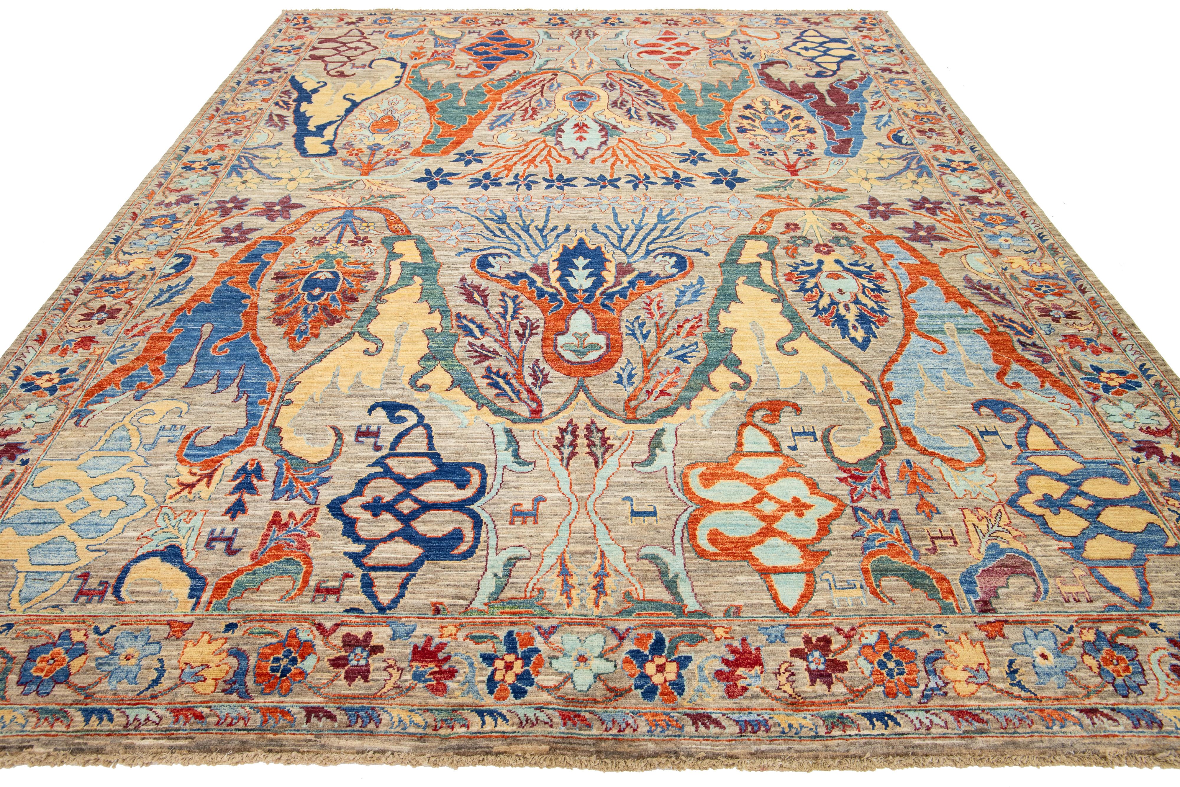 This exquisite, hand-knotted wool rug features a striking Bidjar style and showcases a serene beige field. Adorned with a stunning geometric floral pattern and accented with multicolored hues, it exudes modern allure.

This rug measures 9' x 11'8