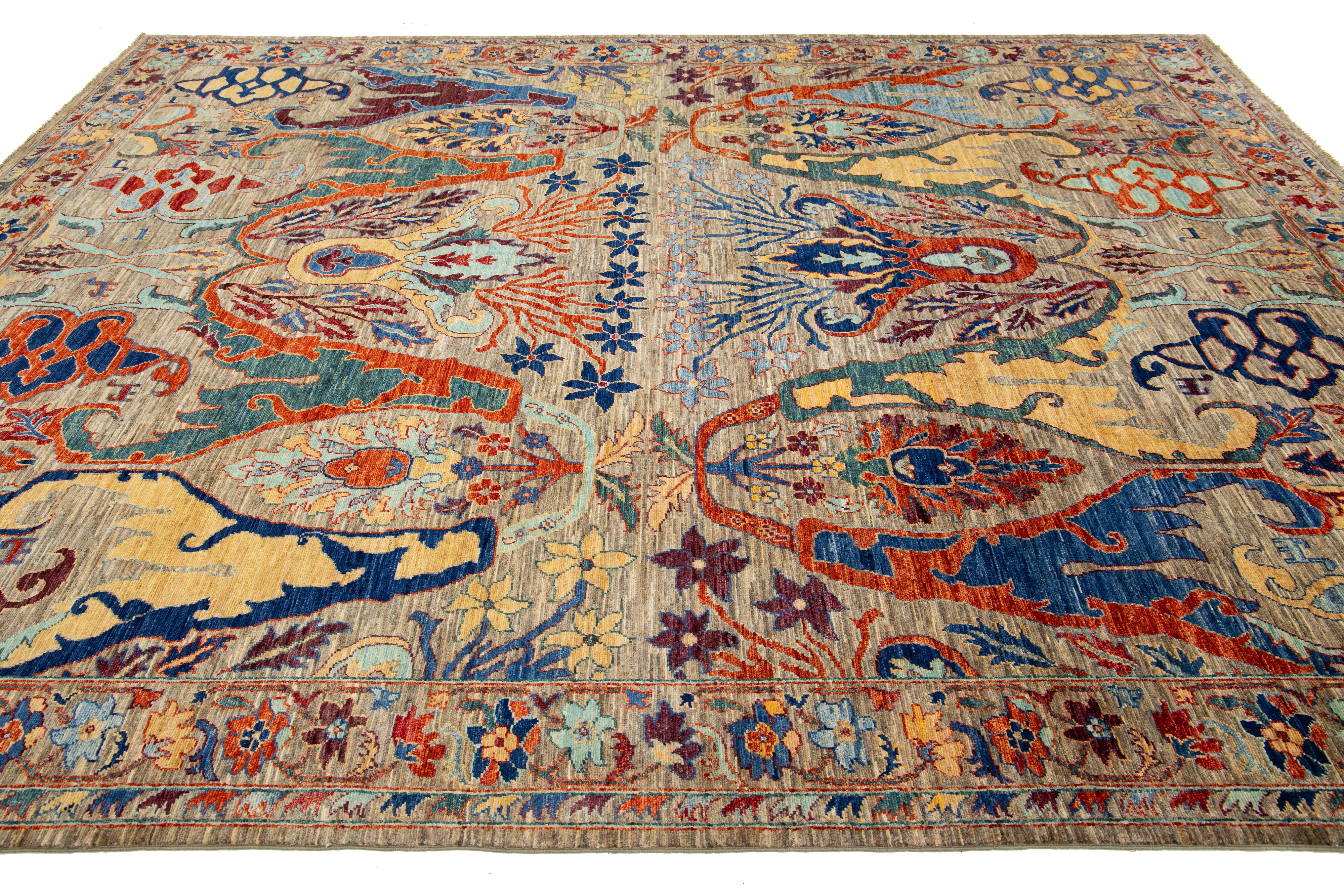 Contemporary Bidjar Style Wool Rug Beige Handmade with Allover Motif In New Condition For Sale In Norwalk, CT
