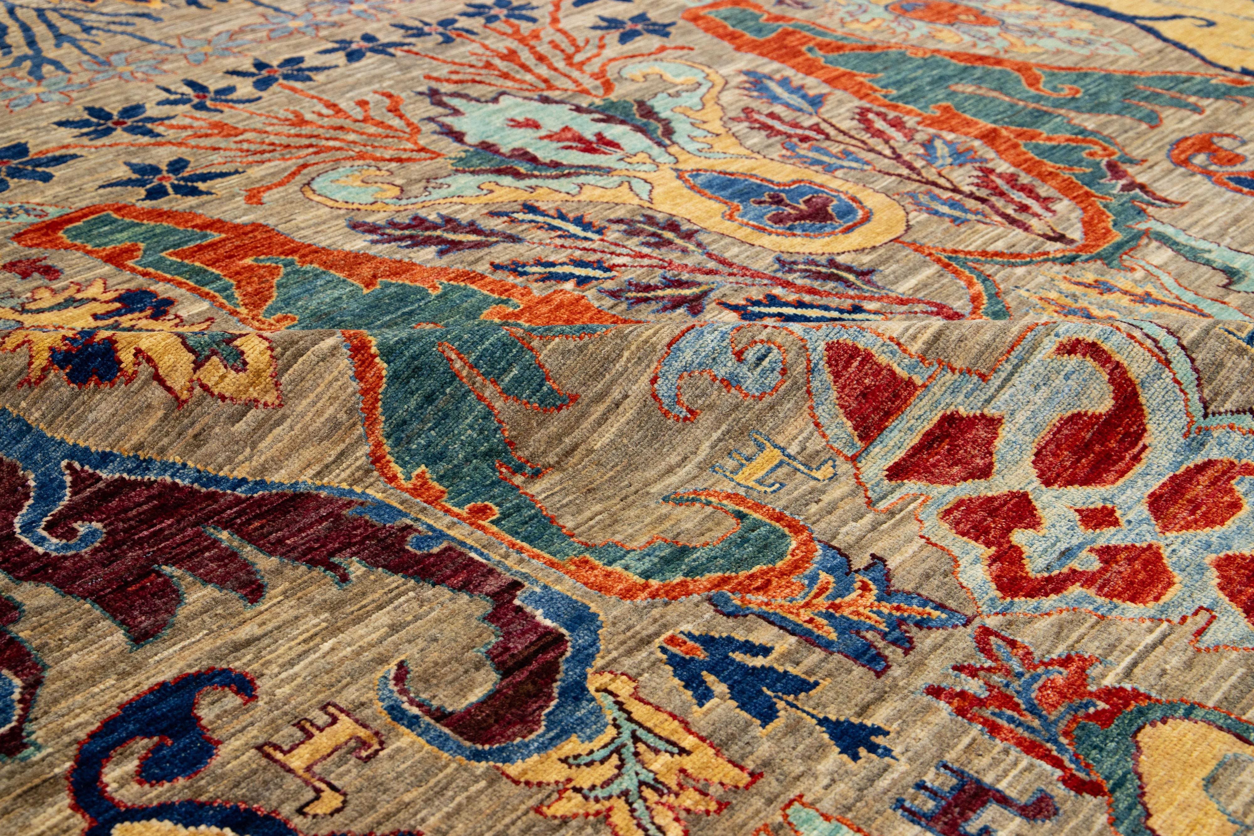 Contemporary Bidjar Style Wool Rug Beige Handmade with Allover Motif For Sale 1