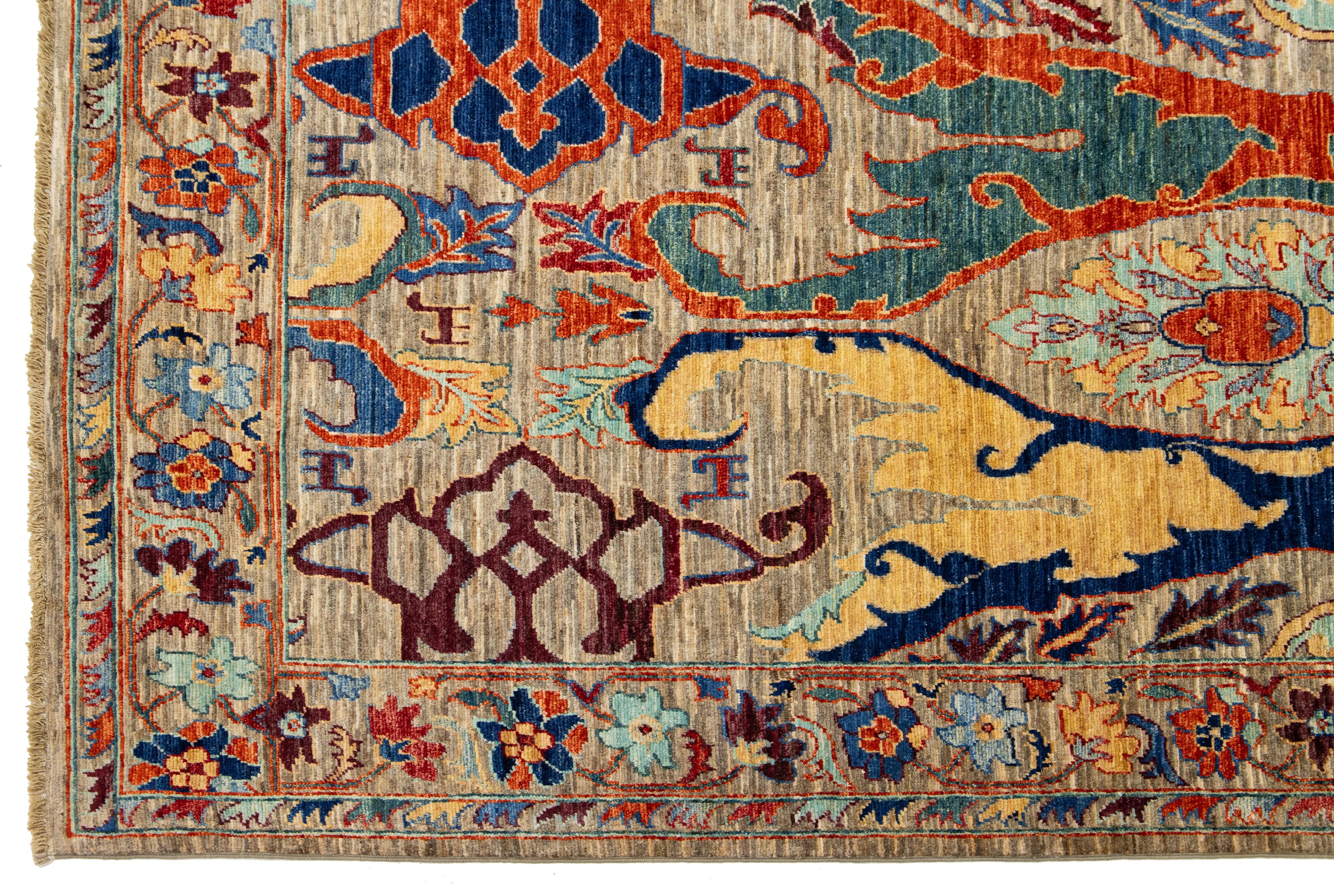 Contemporary Bidjar Style Wool Rug Beige Handmade with Allover Motif For Sale 2
