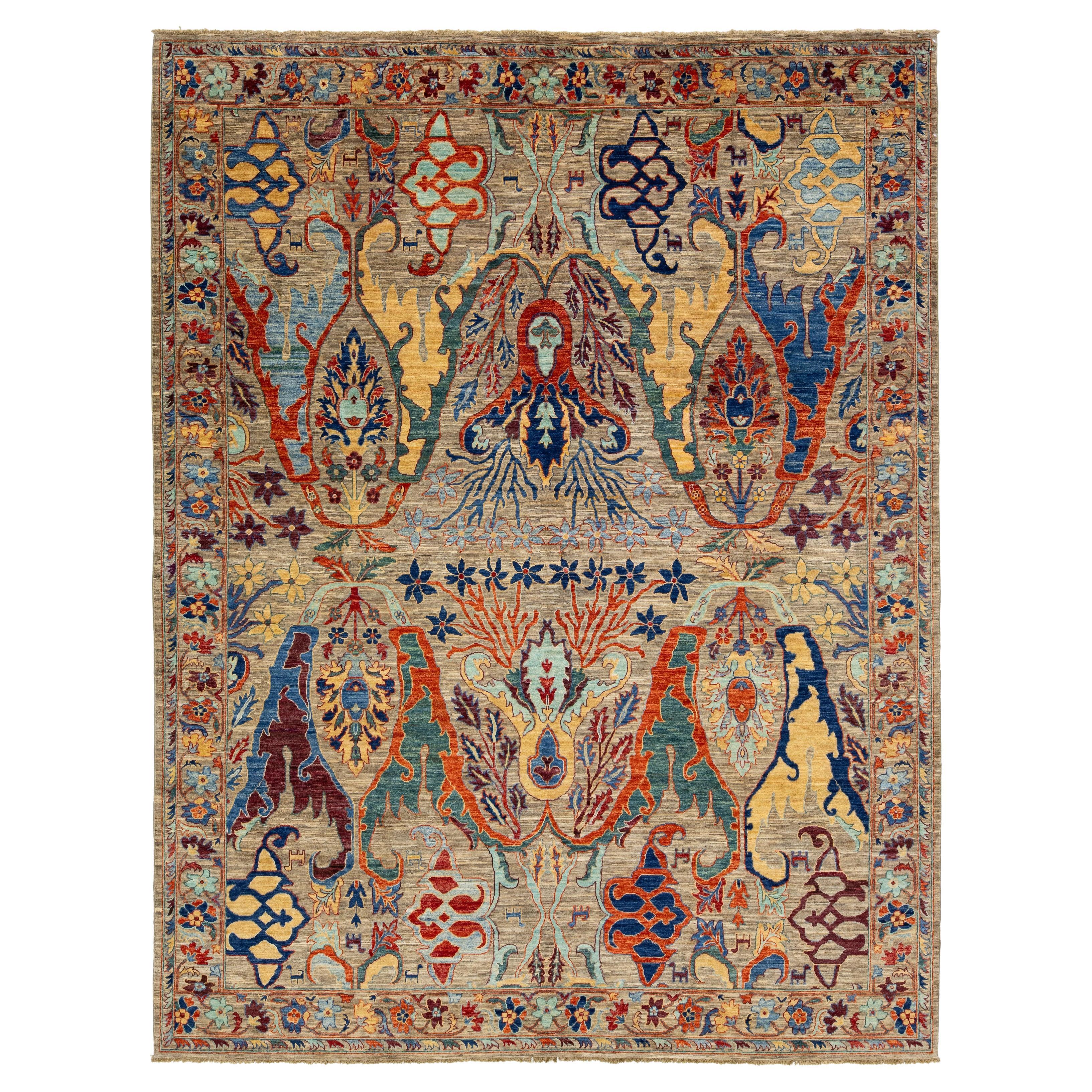 Contemporary Bidjar Style Wool Rug Beige Handmade with Allover Motif For Sale