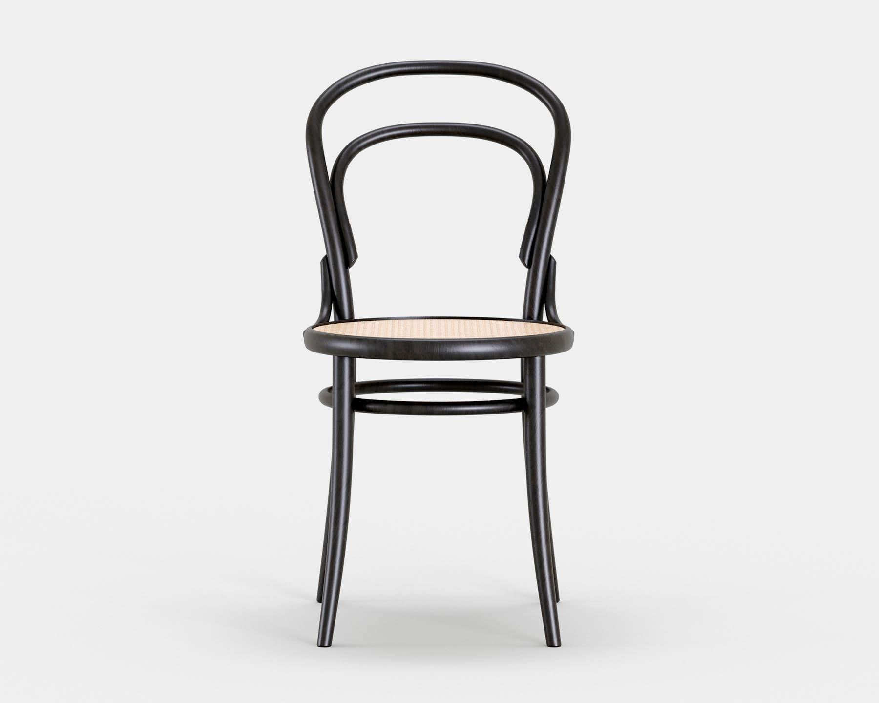Chair No. 14
Iconic bistro chair conceived by Michael Thonet in 1869, now produced in the same manufacture in Czech Republic by TON. 

Wood: solid beech 
Finish: black stain
Seat: can seat.

--
Chair no. 14 by TON is one of the oldest, most