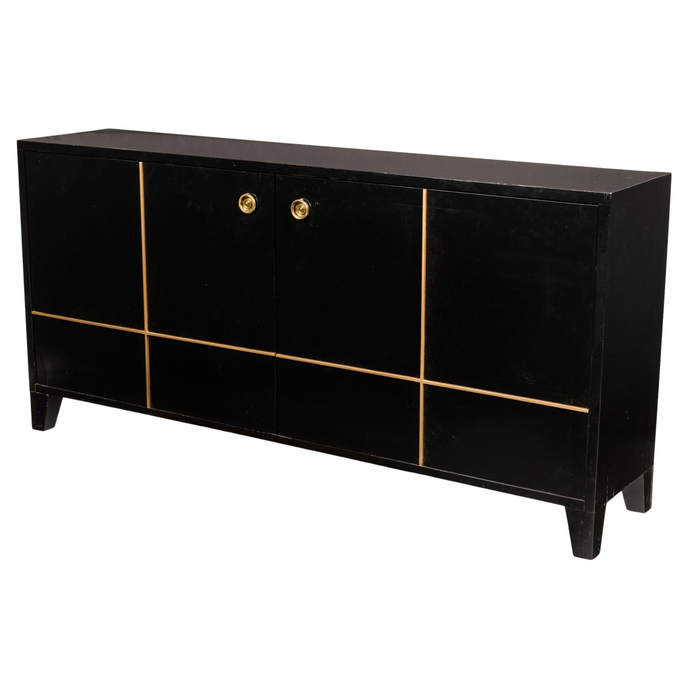 Contemporary Black and Gold Painted Geometric Design Console Cabinet Sideboard For Sale