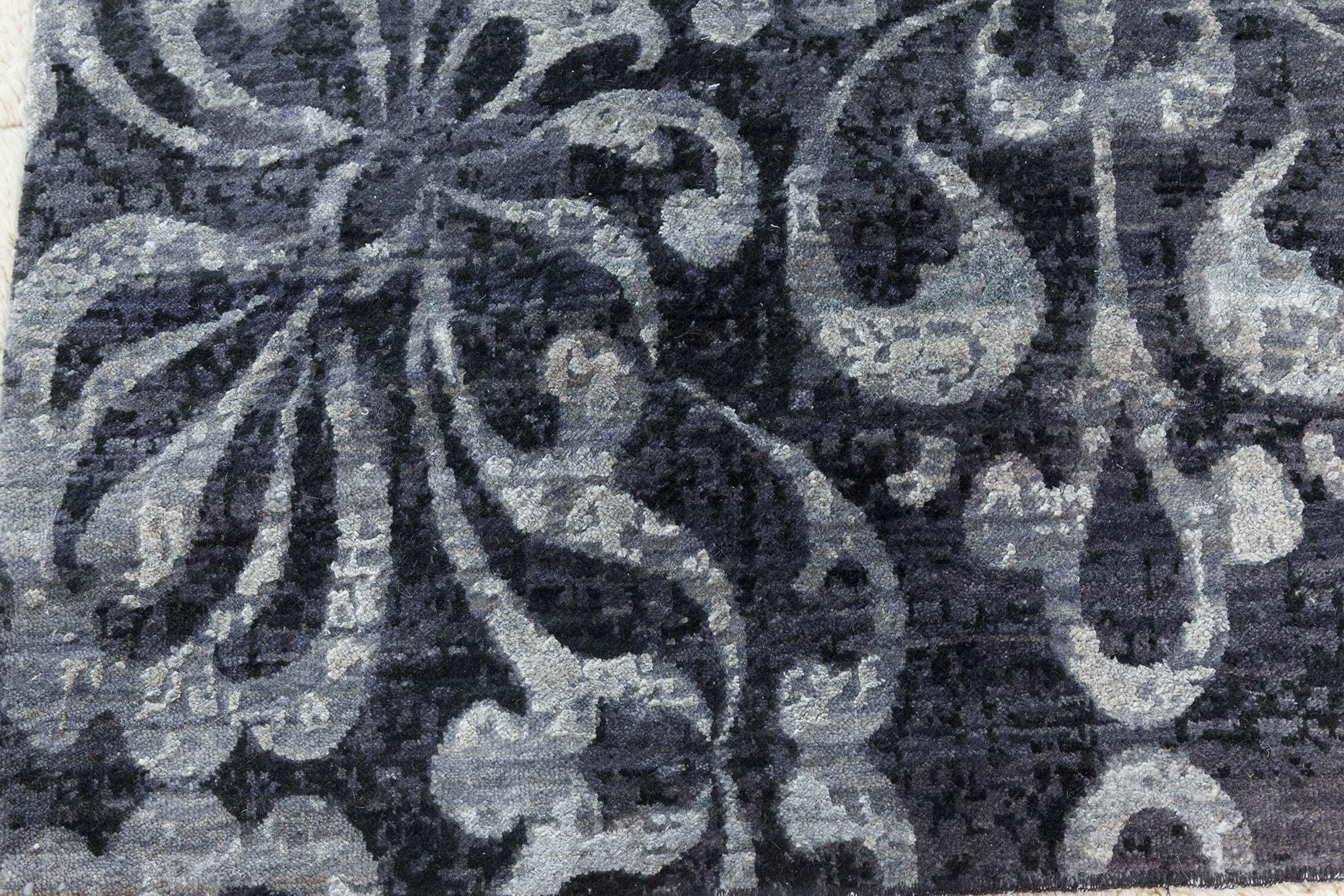 Wool Contemporary Black and Grey Passion Flowers Rug by Doris Leslie Blau For Sale