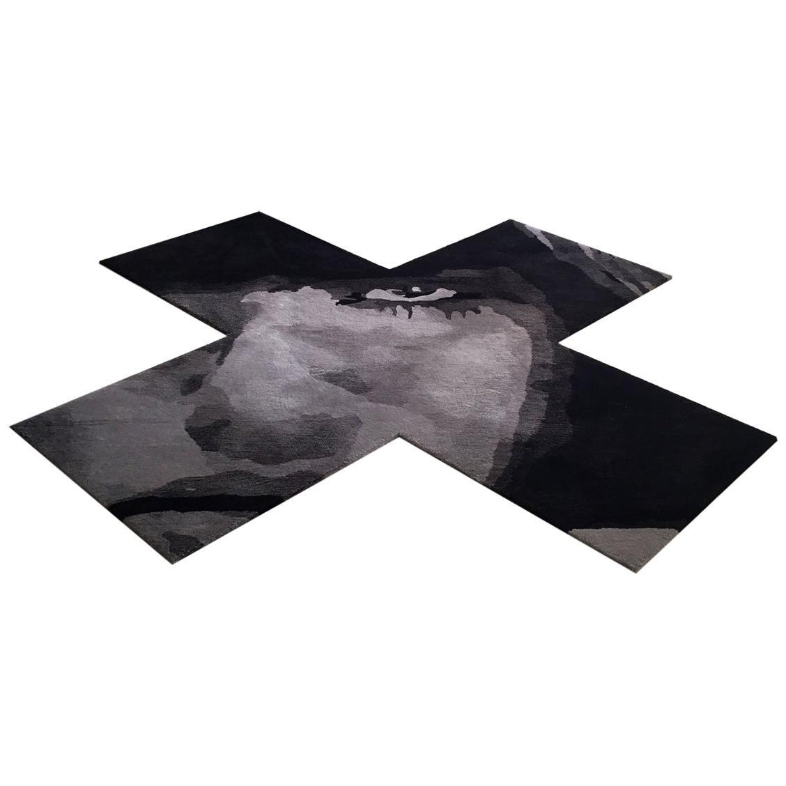 Contemporary Black and Grey X-Shaped Wool Rug by Henzel Studio