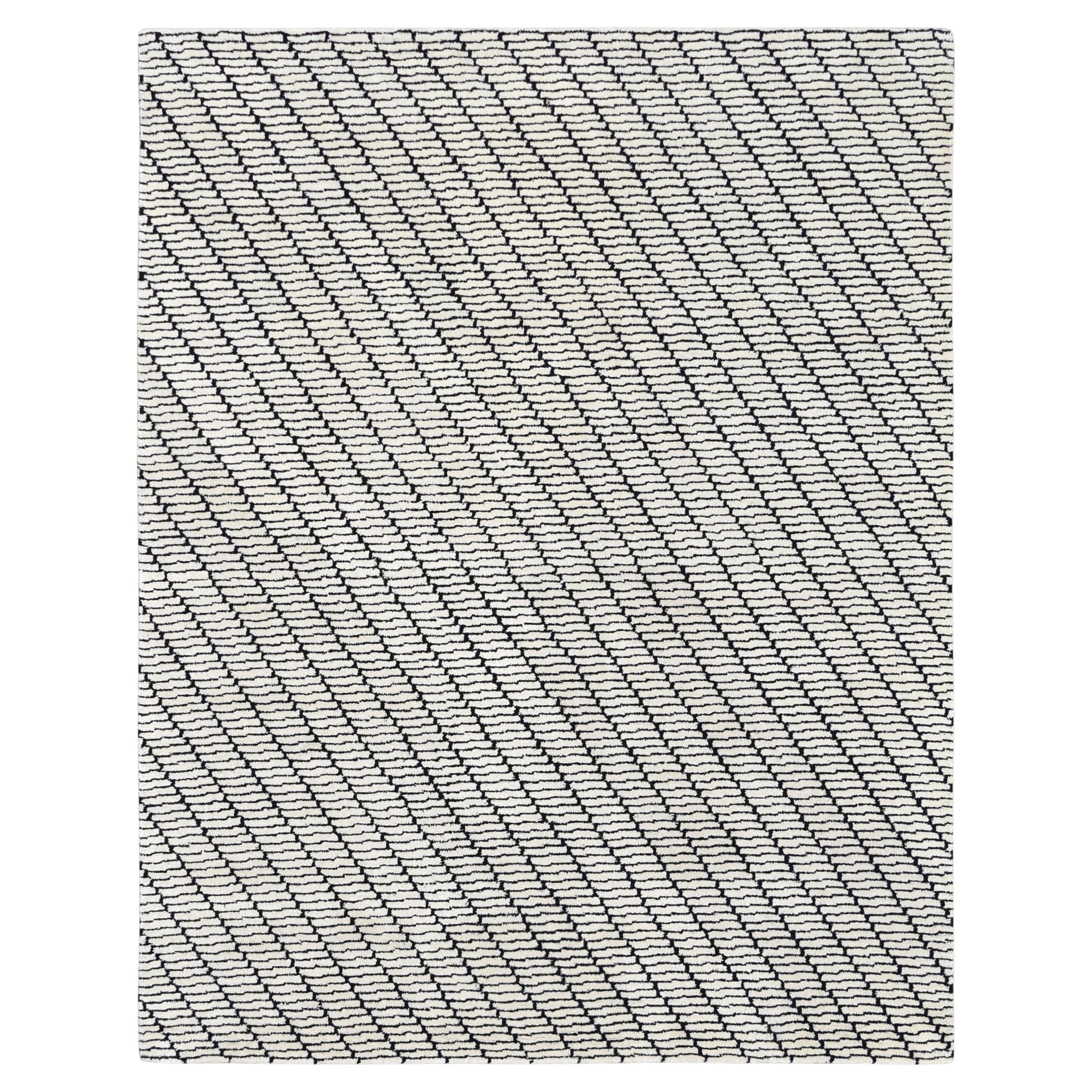 Contemporary Black and Ivory Diagonal Geometric Patterned Rug 8'x10'