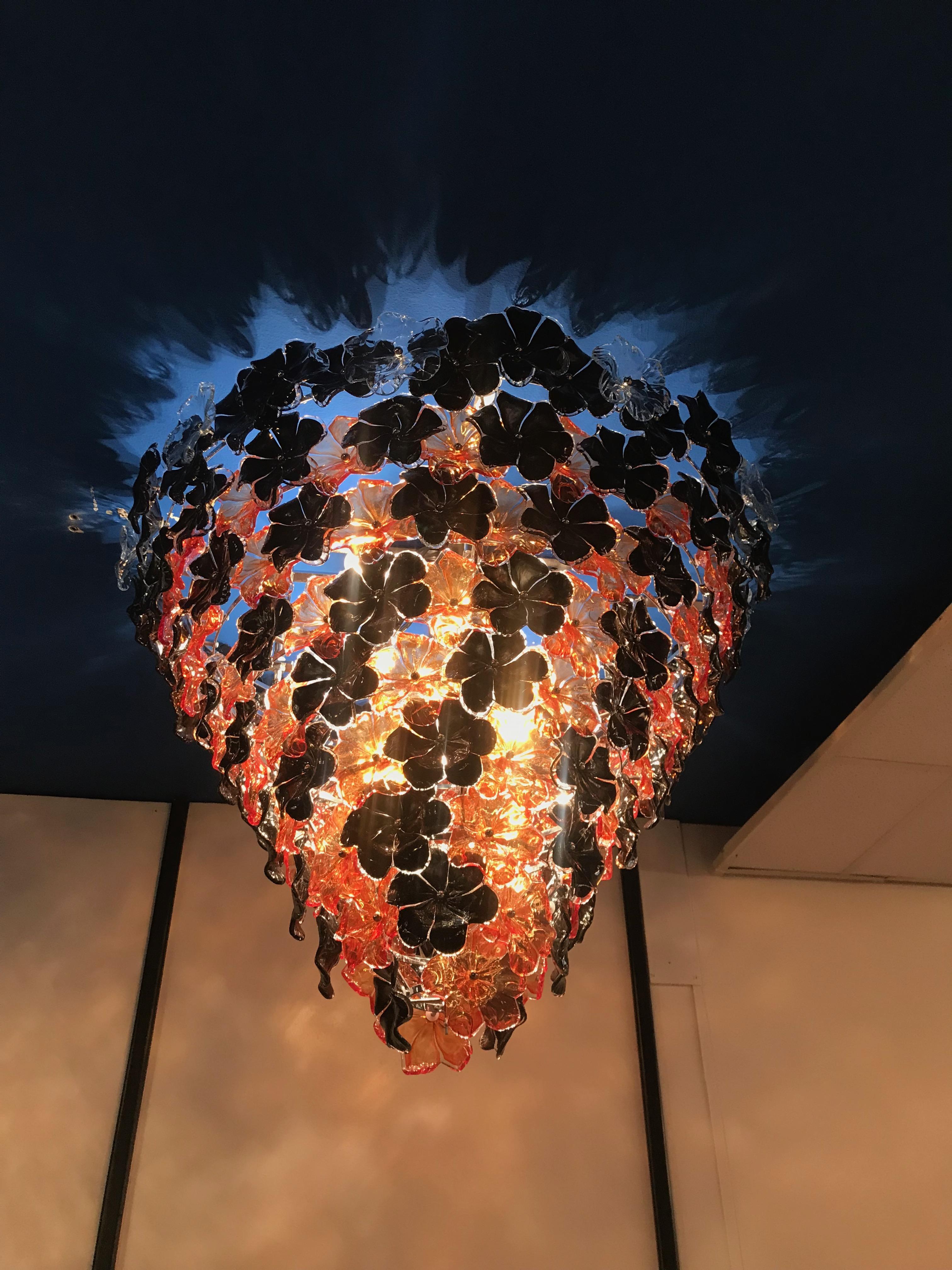 Modern Contemporary Black and Orange Flower Stunning Murano Glass Chandelier For Sale