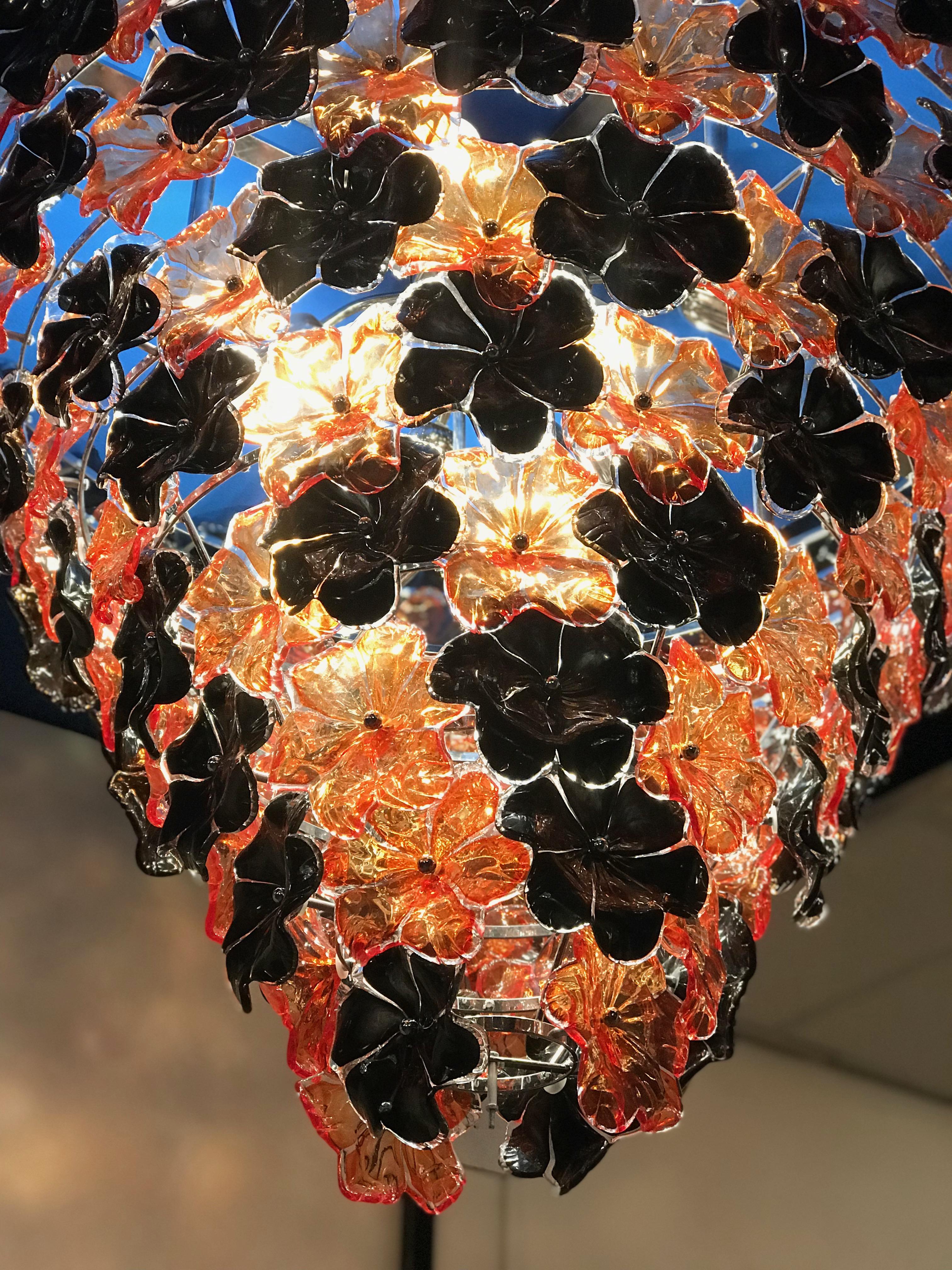 Blown Glass Contemporary Black and Orange Flower Stunning Murano Glass Chandelier For Sale