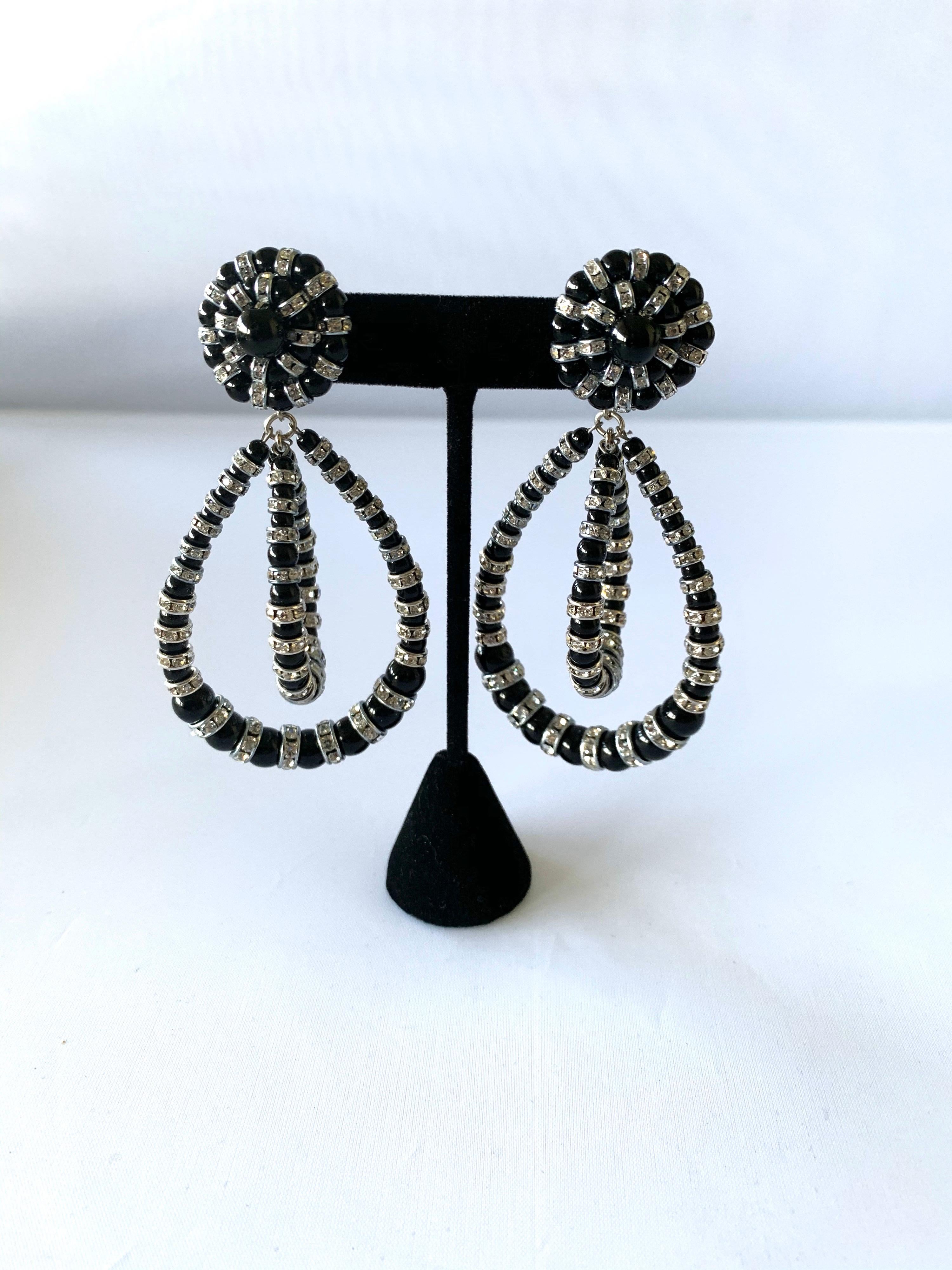 XL Contemporary handmade turquoise architectural Swarovski crystal statement earrings - the clip-on earrings feature two double hoops with handmade black glass beads and clear Swarovski crystal rondelles. Made in Paris France, by F. Montague.