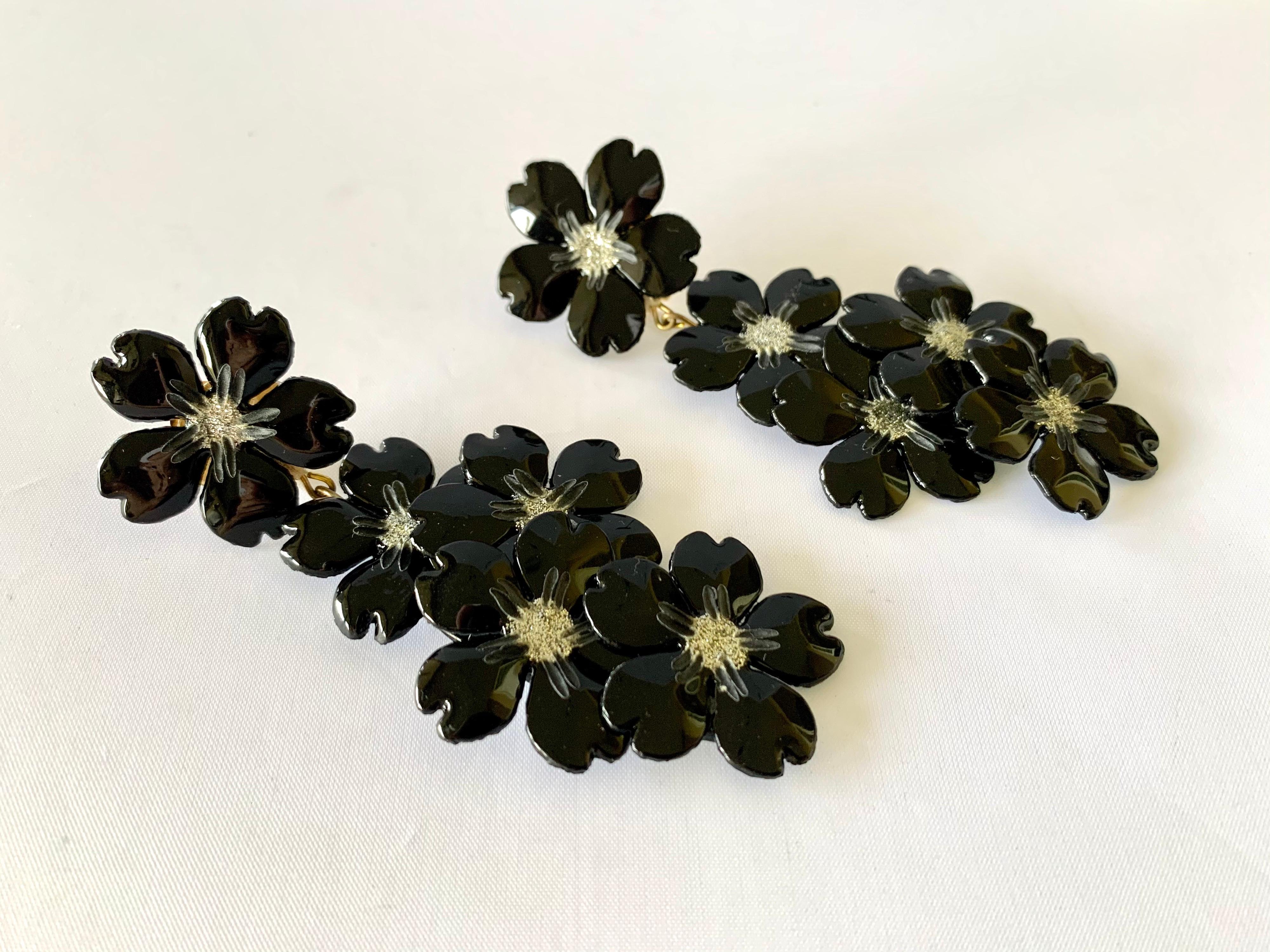 Women's Contemporary Black and Silver Flower Chandelier Statement Earrings