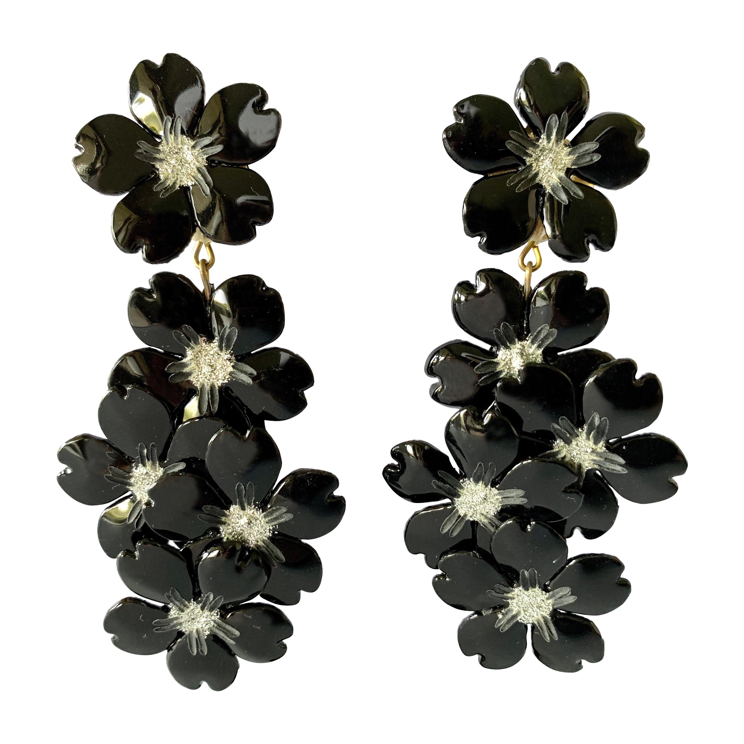 Contemporary Black and Silver Flower Chandelier Statement Earrings