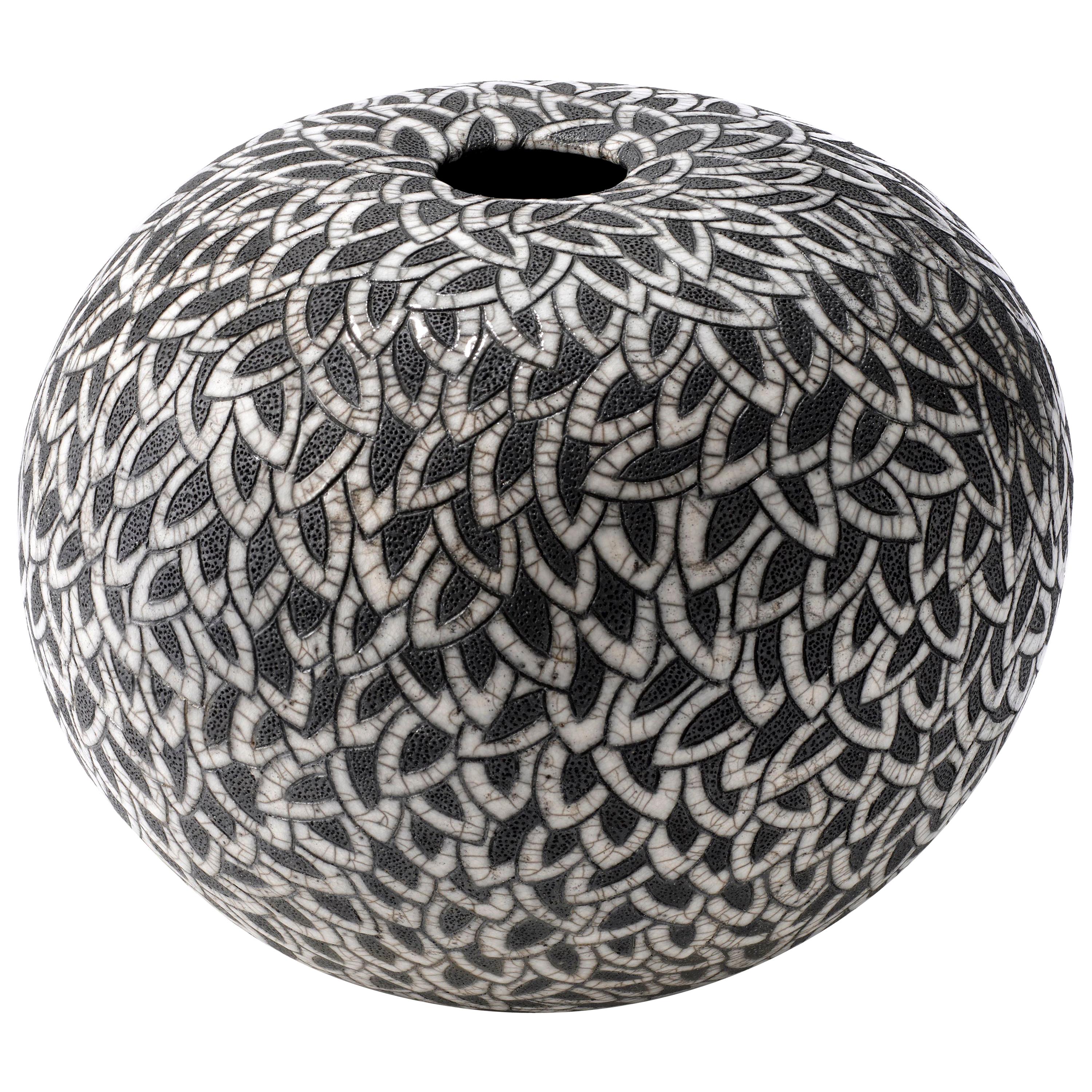 Contemporary Black and White Ceramic Globe Vase, Boule Plumes at 1stDibs