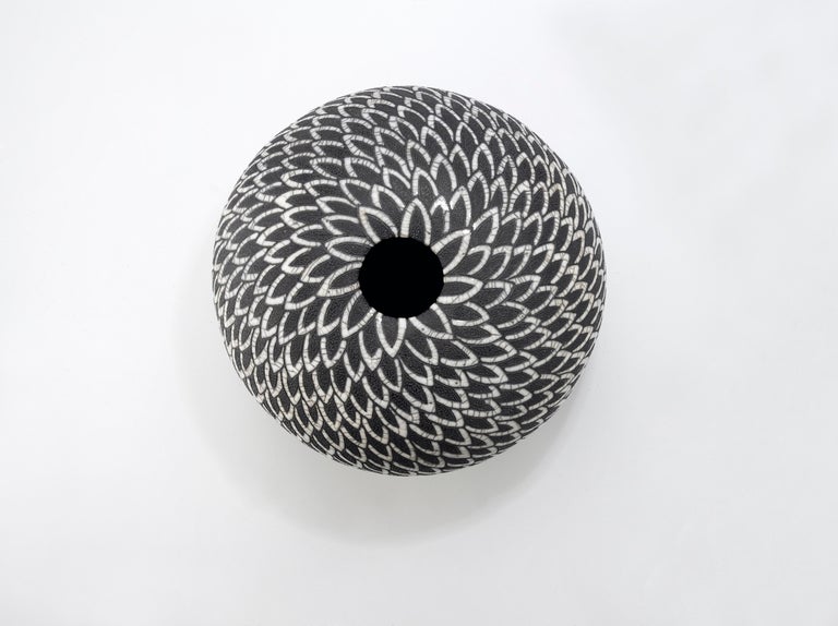 Contemporary Black and White Ceramic Globe Vase, Boule Plumes II For