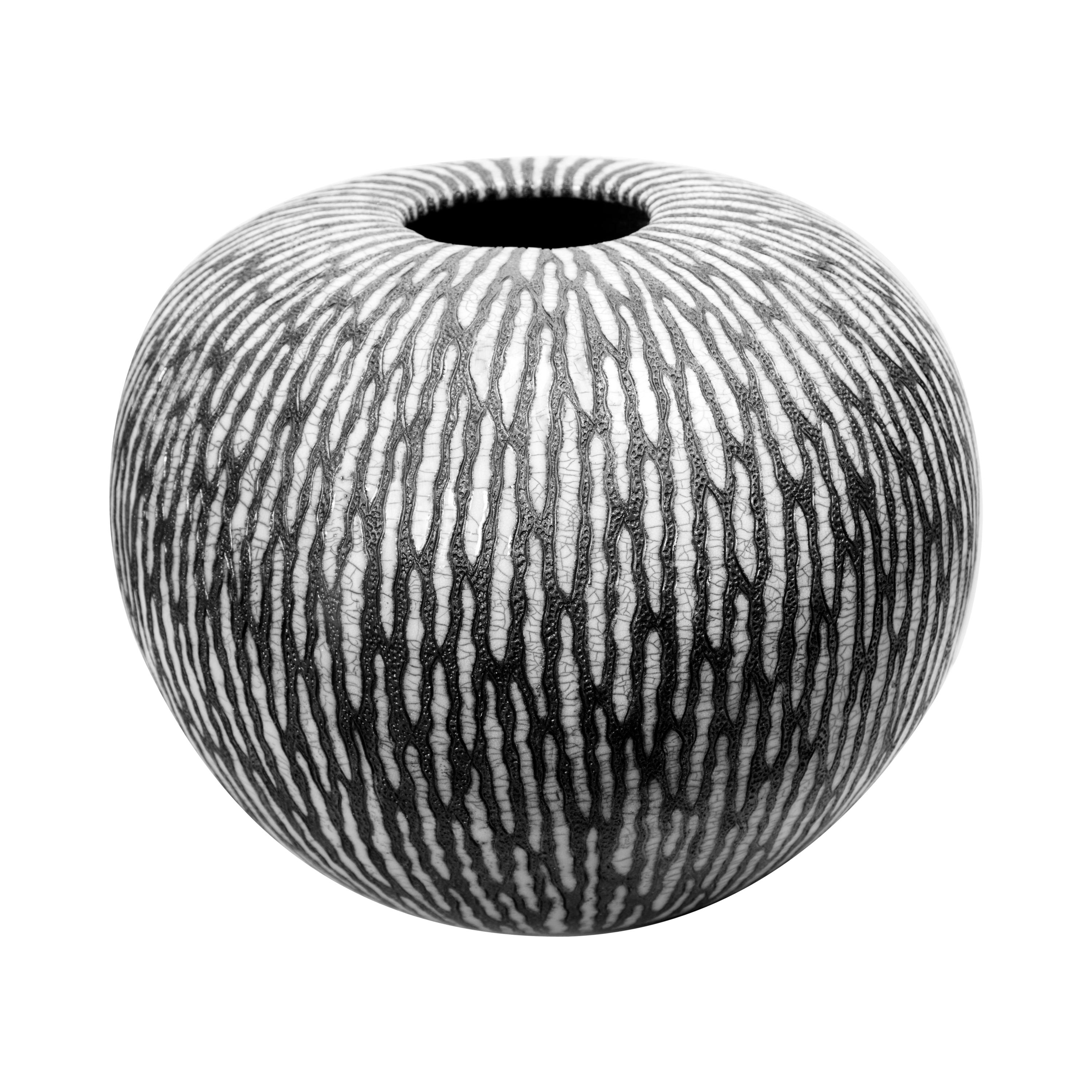 Contemporary Black and White Ceramic Globe Vase, Boule Strate, Large For Sale