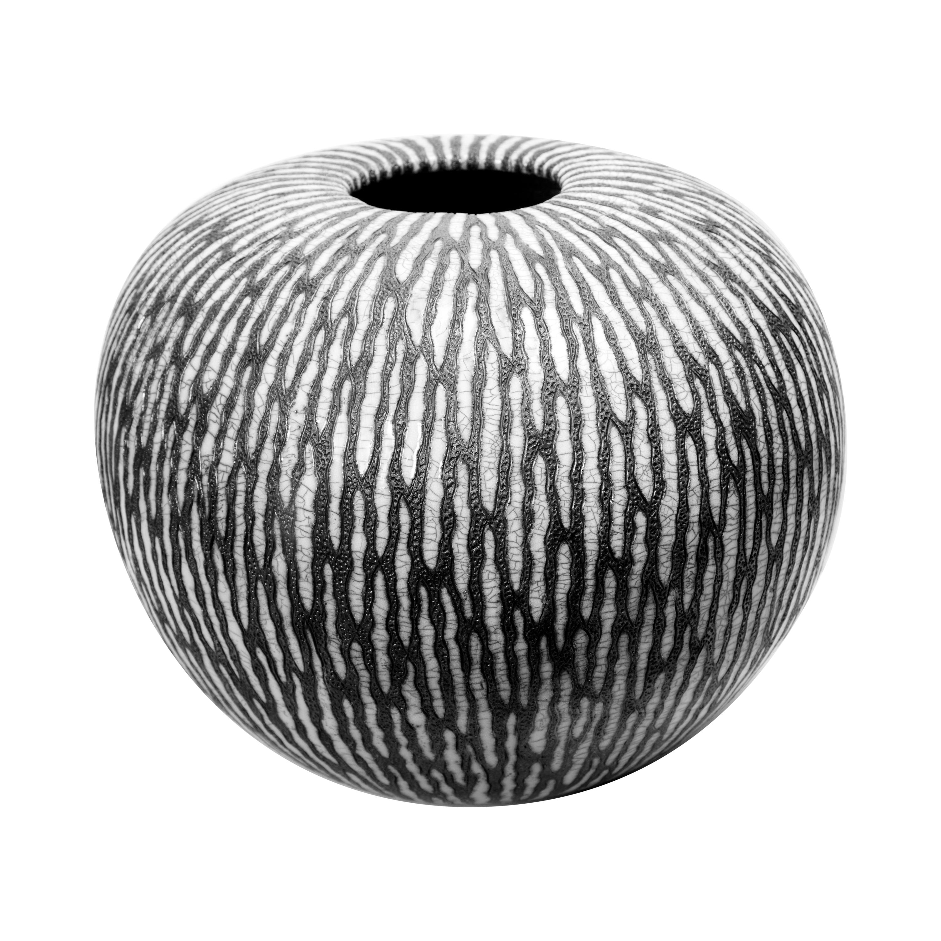 Contemporary Black and White Ceramic Globe Vase, Boule Strate, Medium