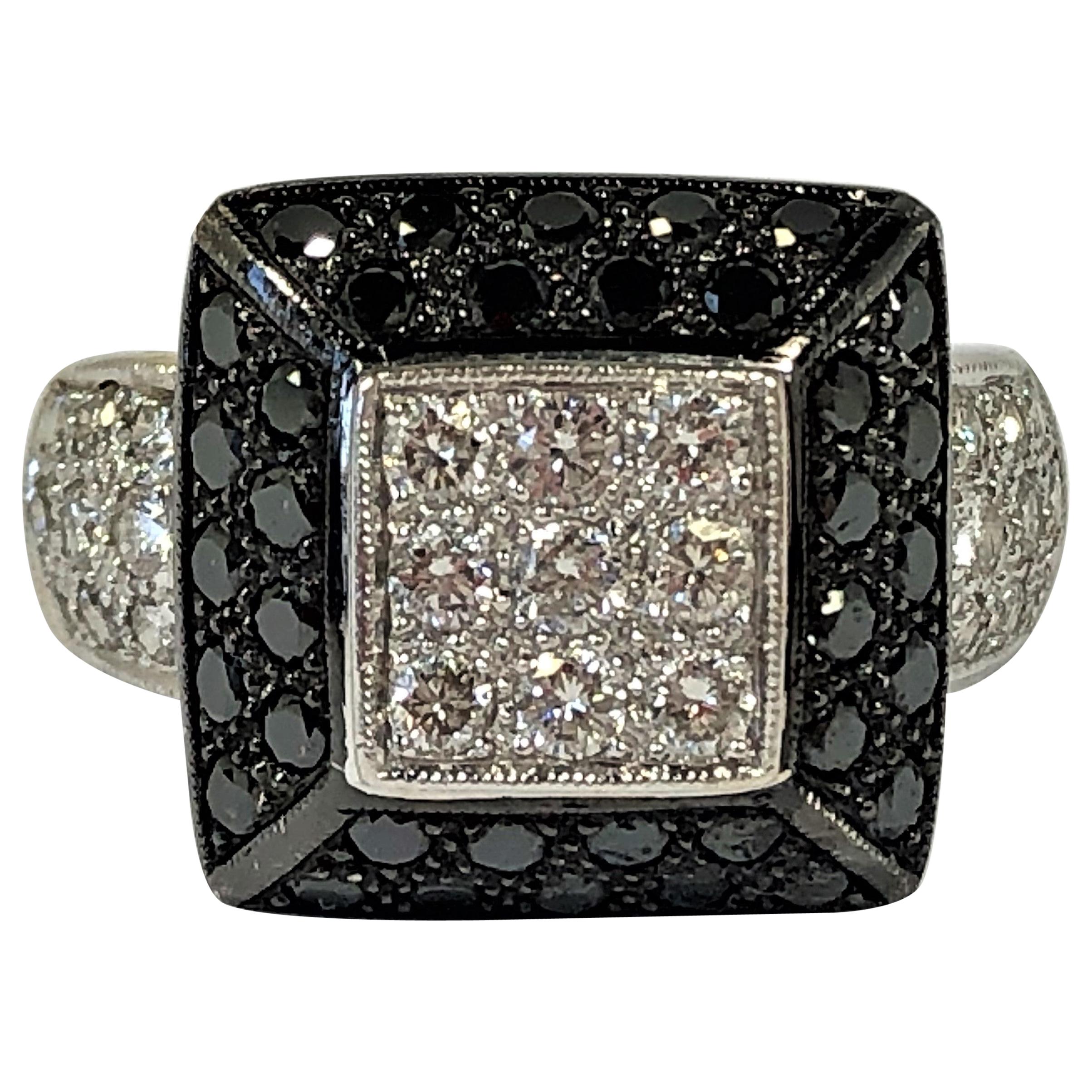 Contemporary Black and White Diamond Ring in White Gold