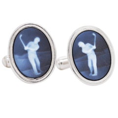 Contemporary Black and White Hand Carved Golf Agate Sterling Silver Cufflinks