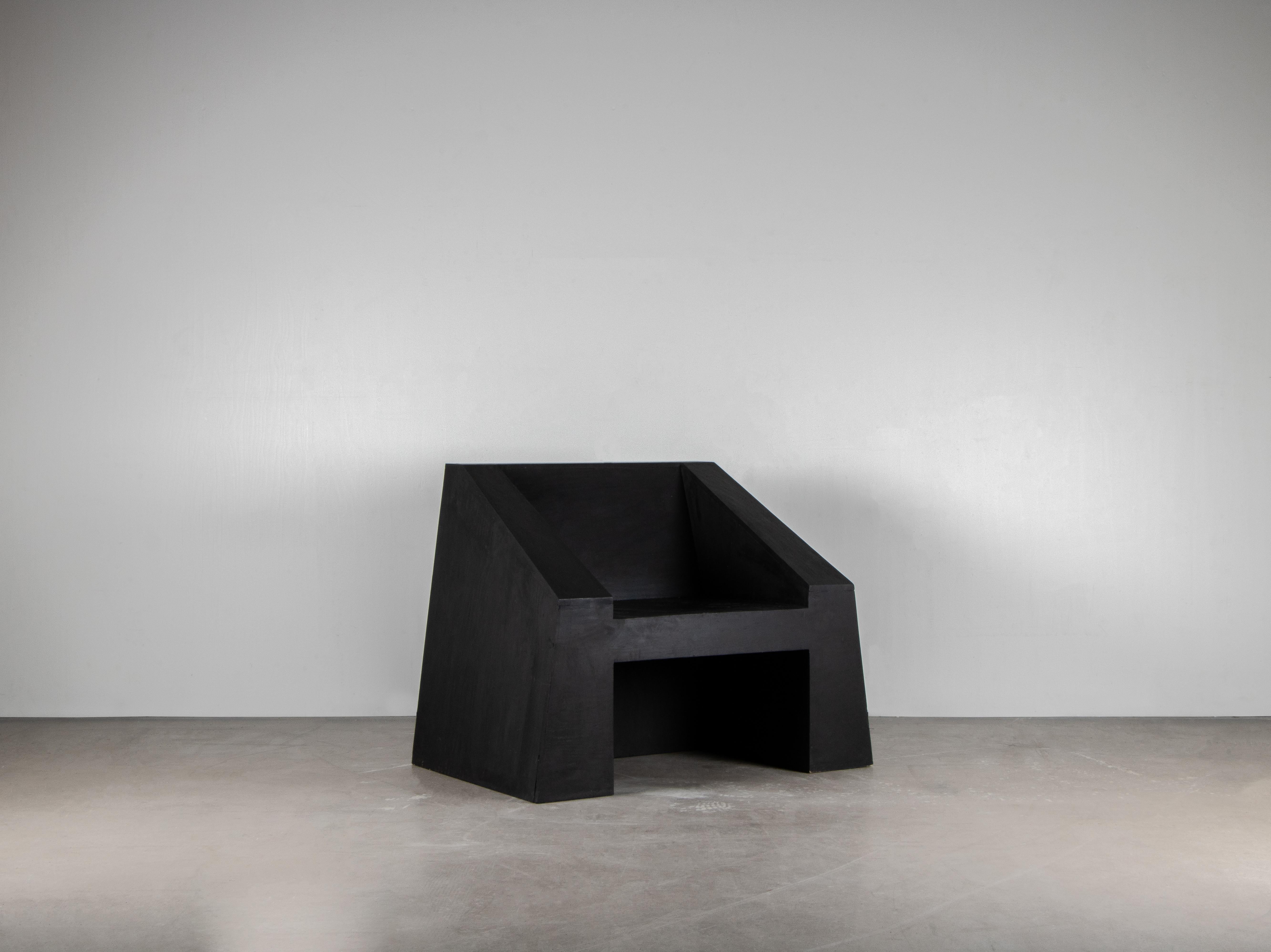 Contemporary black armchair in hand-waxed plywood - Kub chair by Lucas Morten

2021
Limited edition of 18 + 1 AP
Dimensions (cm): W 95 H 75,5 D 65
Material: hand-waxed plywood

With elements inspired by one of the earliest monumental