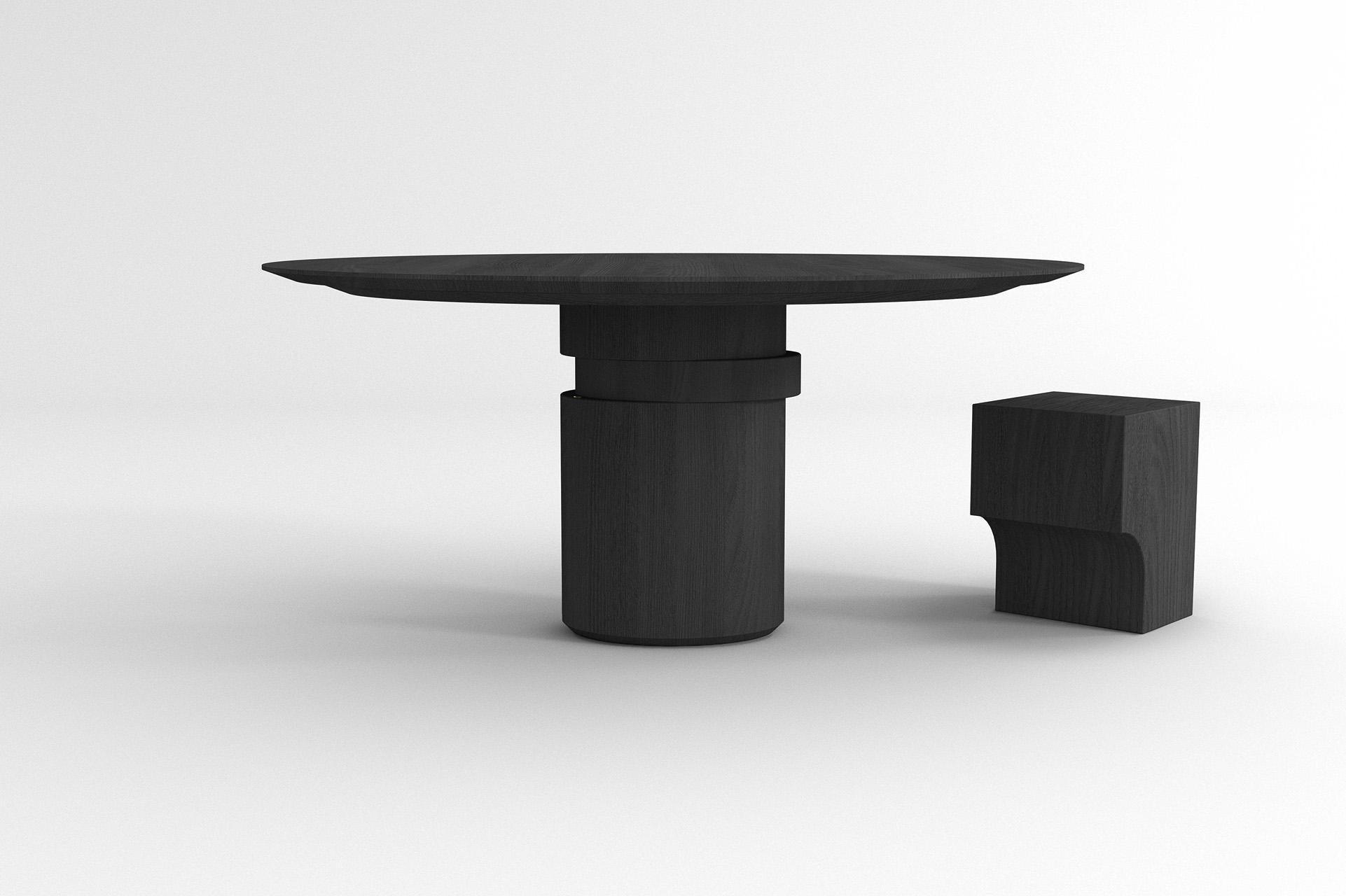 Stained Contemporary round dining table, black ash wood, shifting disc, Belgian design For Sale