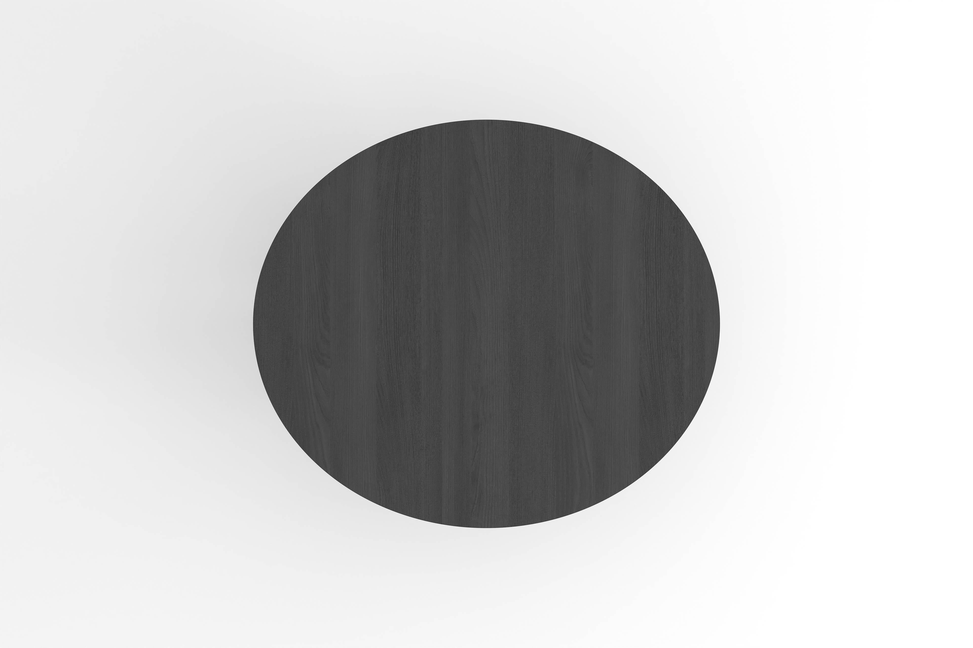 Stained Contemporary round dining table, black ash wood, central leg, Belgian design For Sale