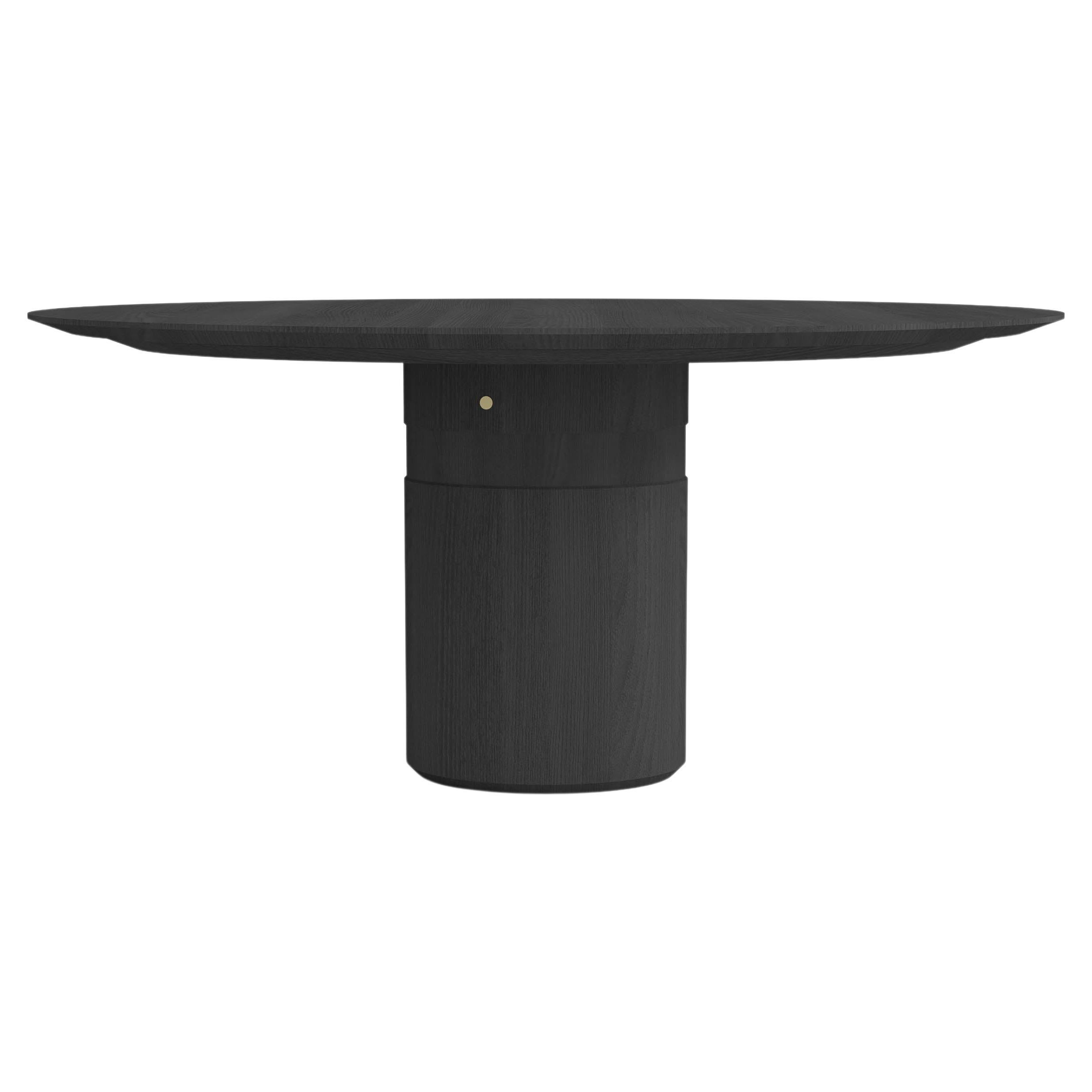 Zeitgenössischer runder Esstisch, schwarzes Eschenholz, zentrales Bein, belgisches Design