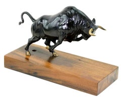 Contemporary Black Bronze Bull Sculpture on Wooden Base