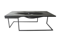 Contemporary Black Coffee Table in Carved Walnut with Metal Base, Vincent Pocsik