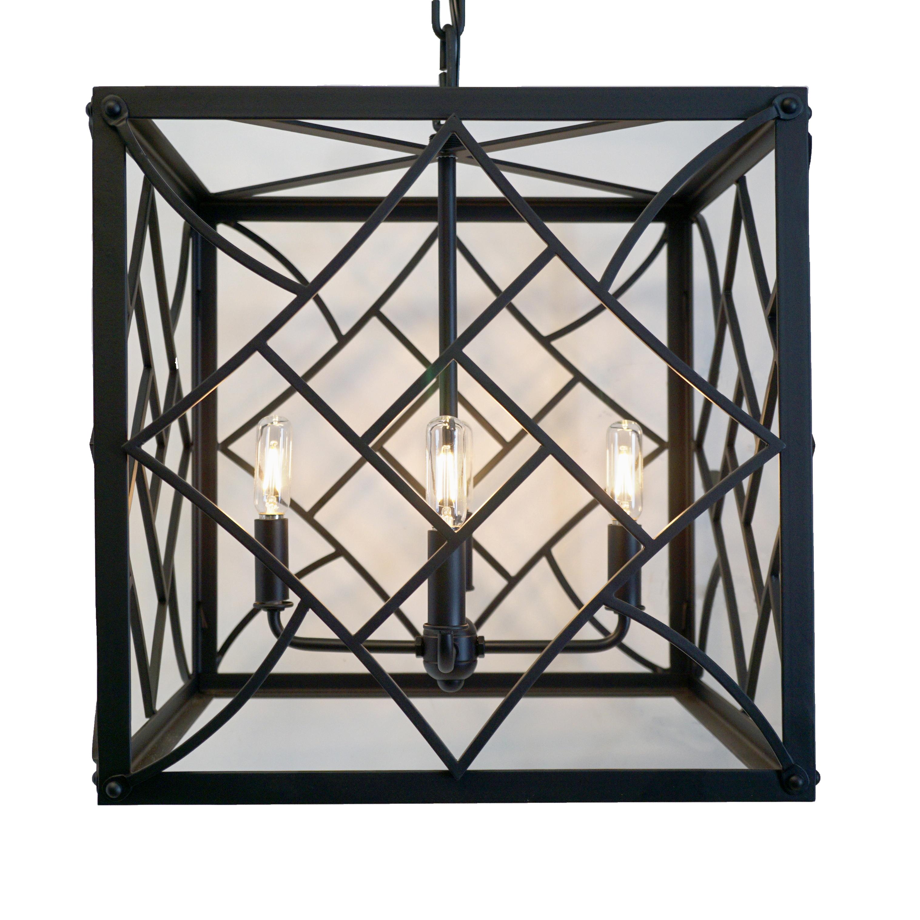 Intricate Contemporary Interior Black Pendant, No Glass, Wrought Iron Lantern