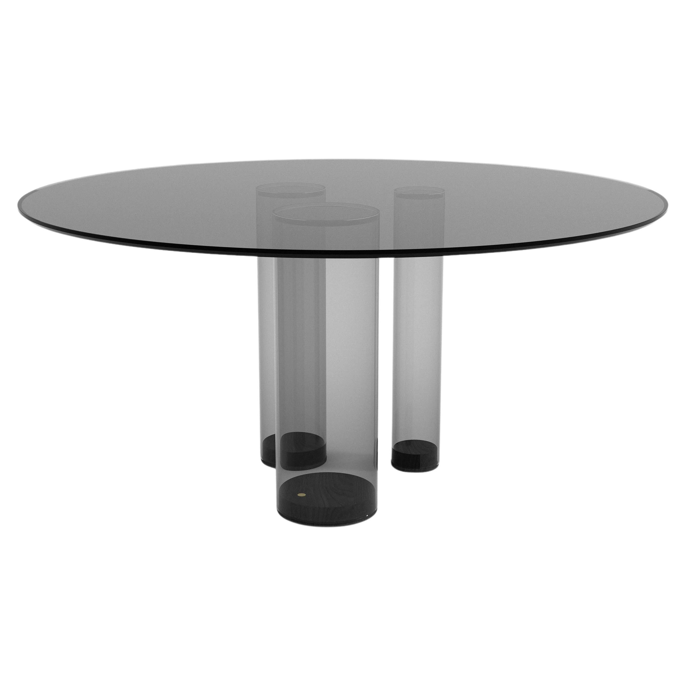 Contemporary round dining table, black glass & black oak wood, Belgian design For Sale