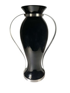 Contemporary Black Glass Vases With Stainless Steel