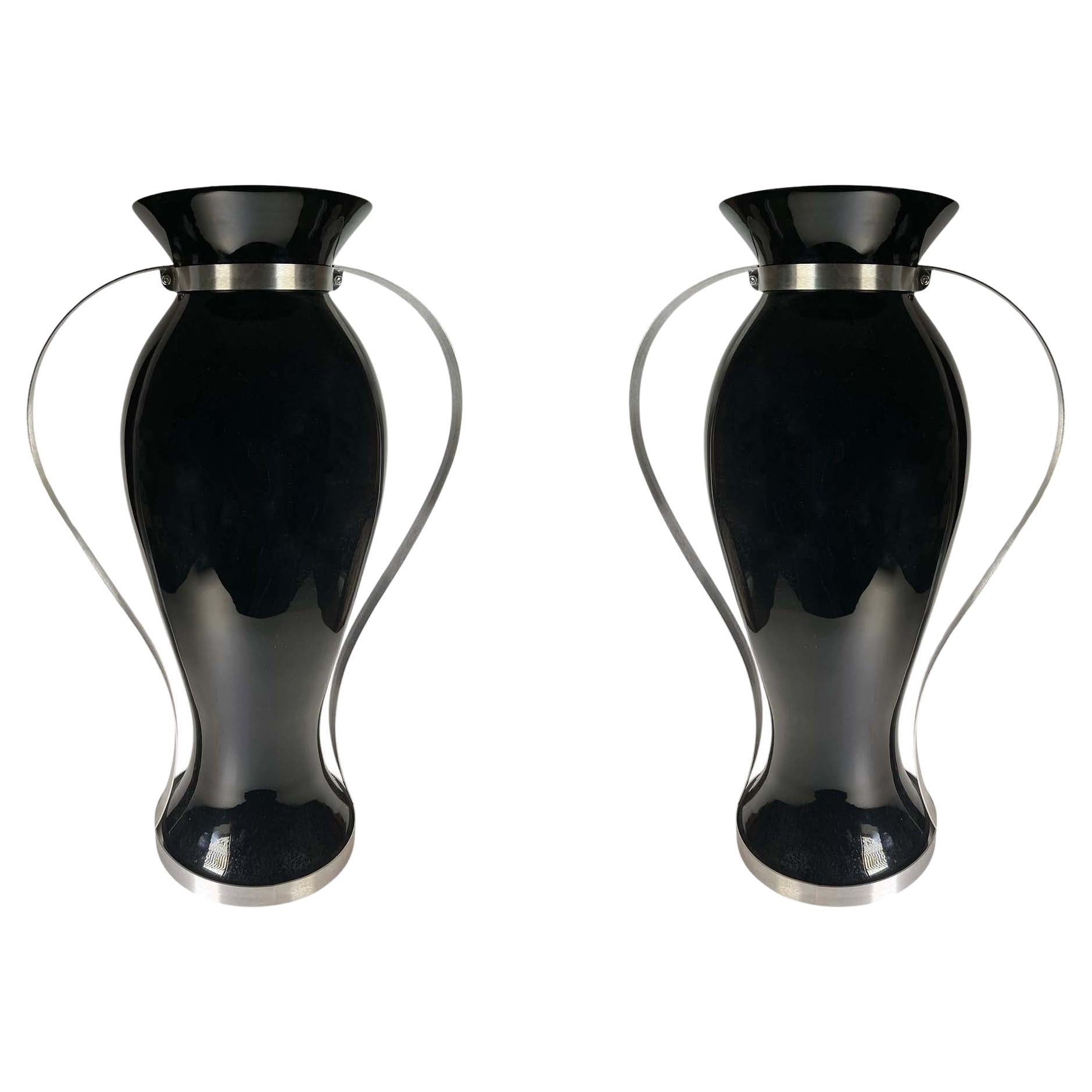 Contemporary Black Glass Vases With Stainless Steel For Sale