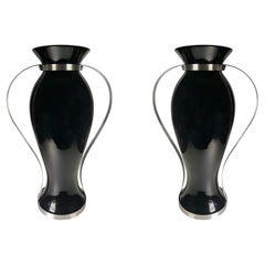 Contemporary Black Glass Vases With Stainless Steel