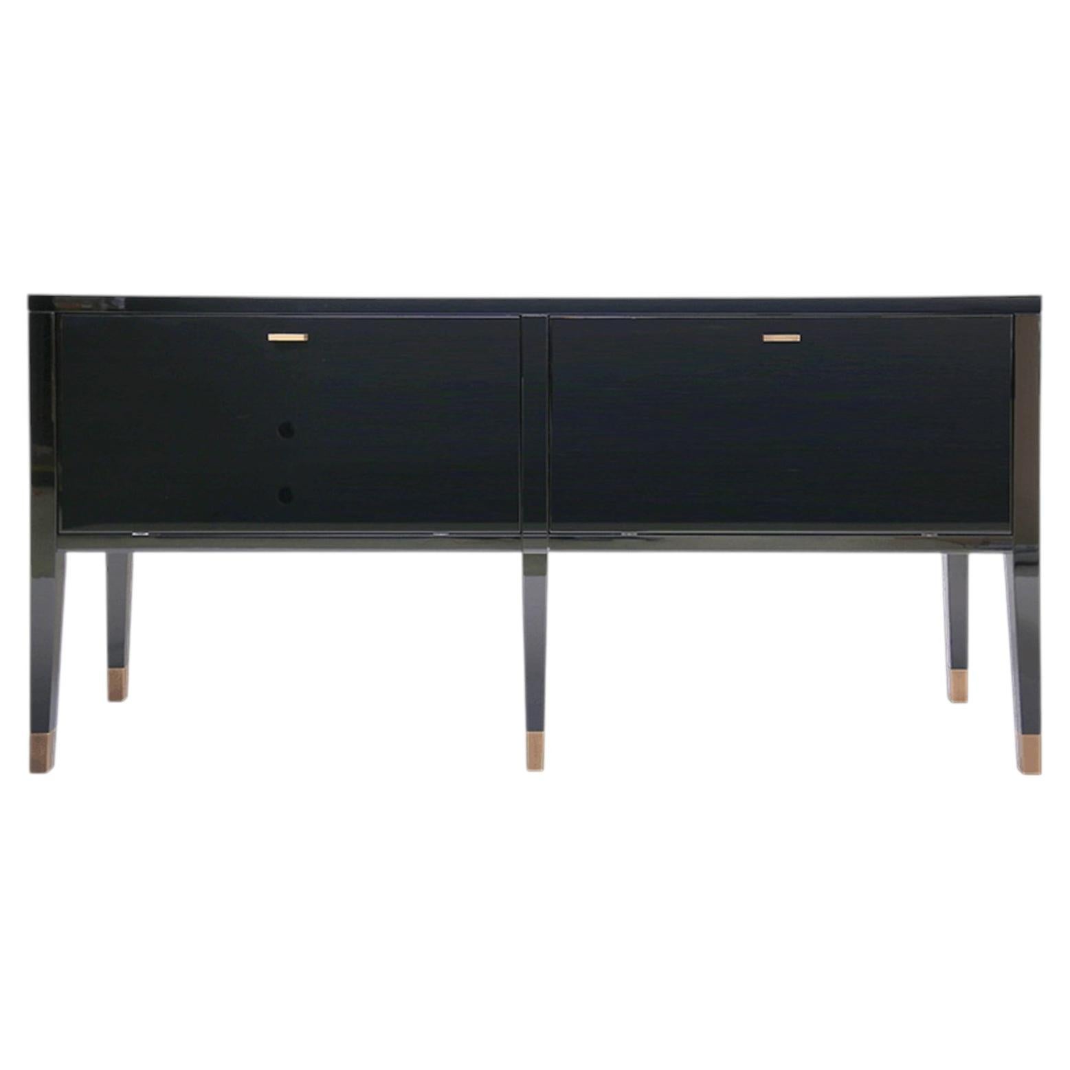 Contemporary Black High Gloss Sideboard with Brass Details For Sale